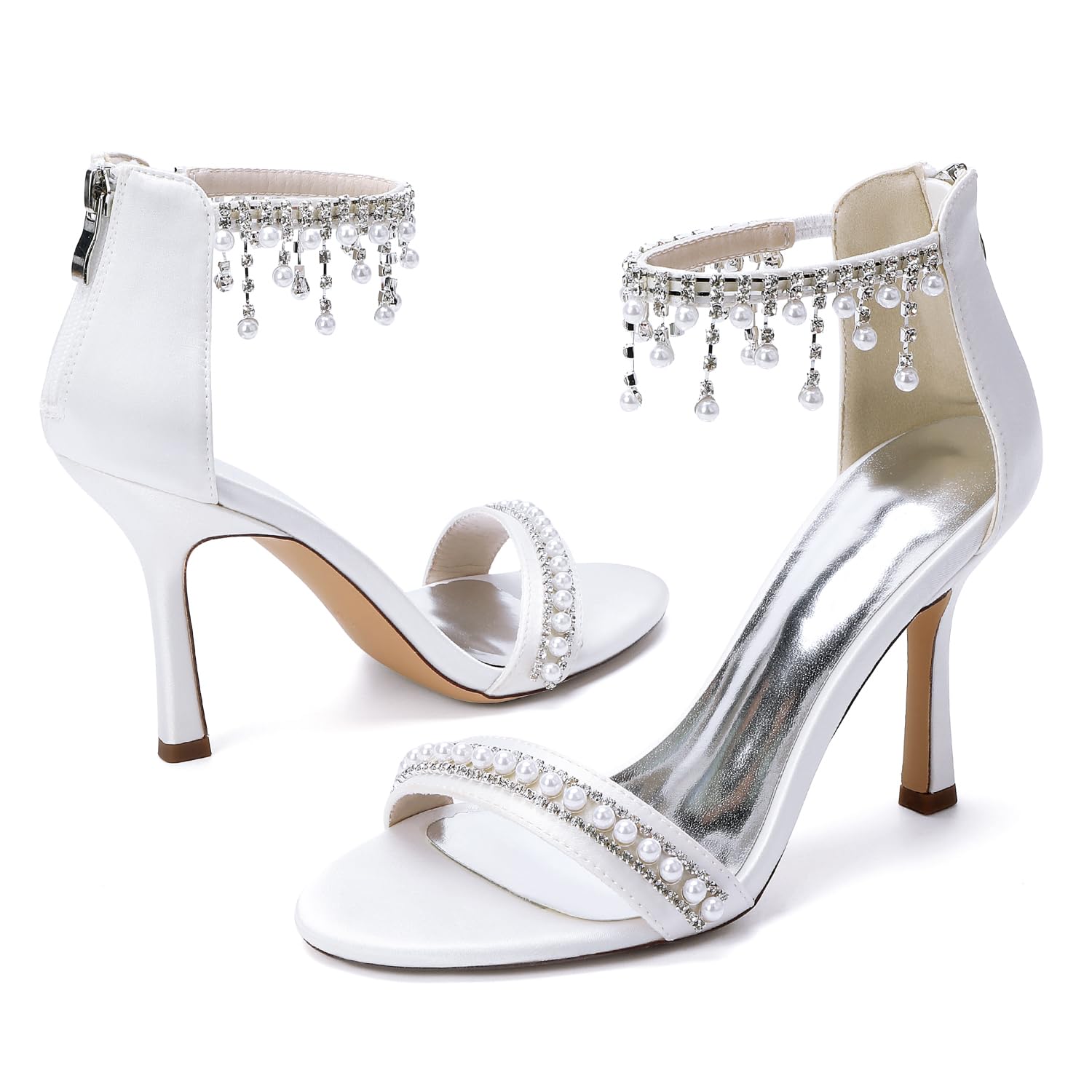 Sandalias Satén Tira de Perlas Joya para Mujer Tacones de Fiesta con Flecos Salida Noche