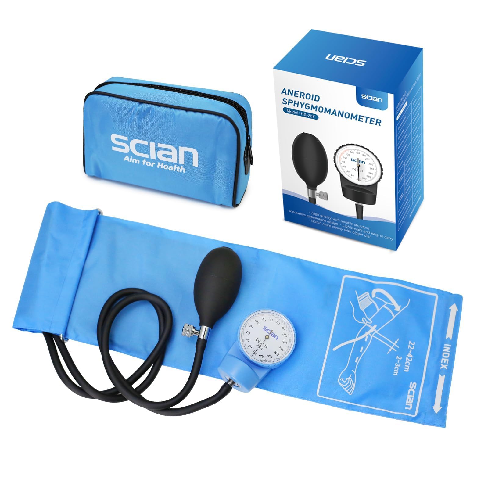 SCIAN Esfigmomanómetro Manual Aneroide, Tensiómetro de Brazo Manual Profesional, Brazalete Universal 22-42cm, para Uso Médico y Doméstico con Bolsa de Transporte (Azul cielo)