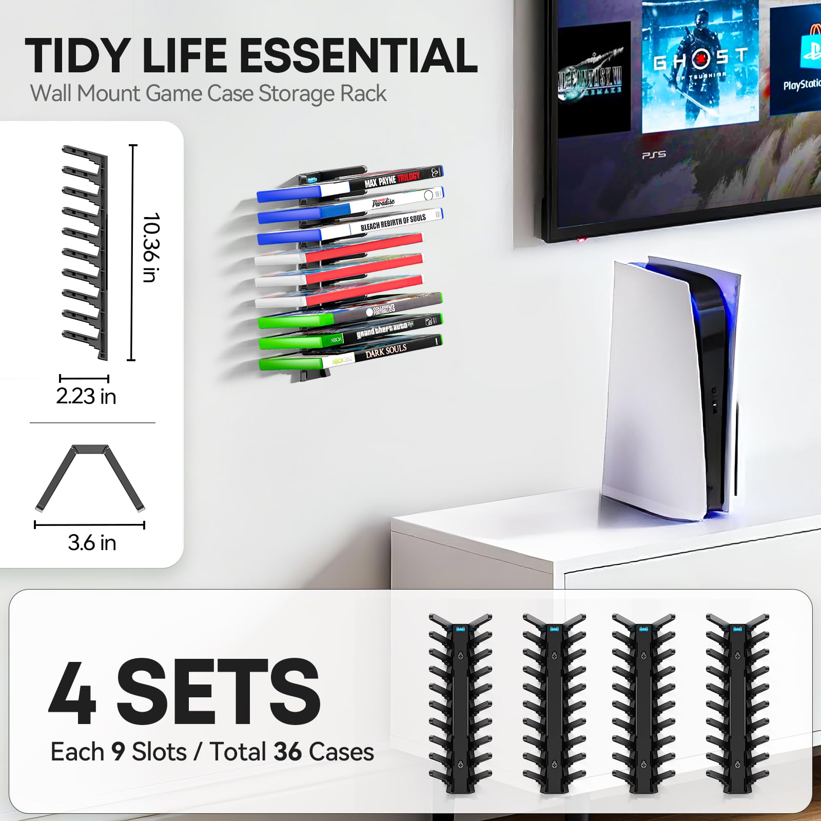 Kosker Torre del Supporto di Archiviazione da Parete con Capienza di 36 Dischi, Giochi Organizer Compatibile con Switch/Xbox/PS4/PS5, Gioco Torre da Muro con a Slot in 3 Misure, 4 Pezzi