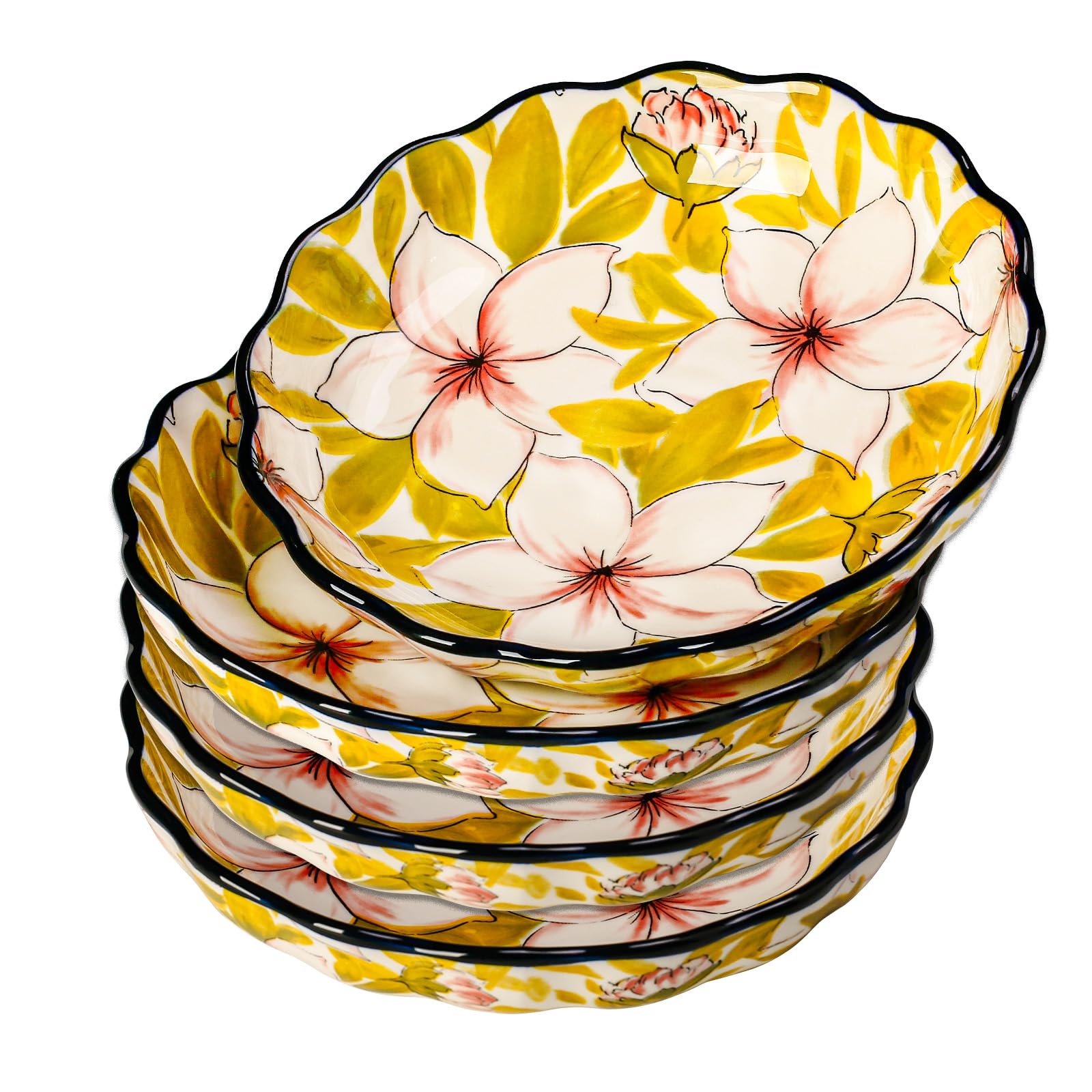 8-Inch Ceramic Dinner Plates set of 4, Hand-Painted Floral Design, Scalloped Edges, Dishwasher & Microwave Safe, Decorative Plate set for Serving & Entertaining