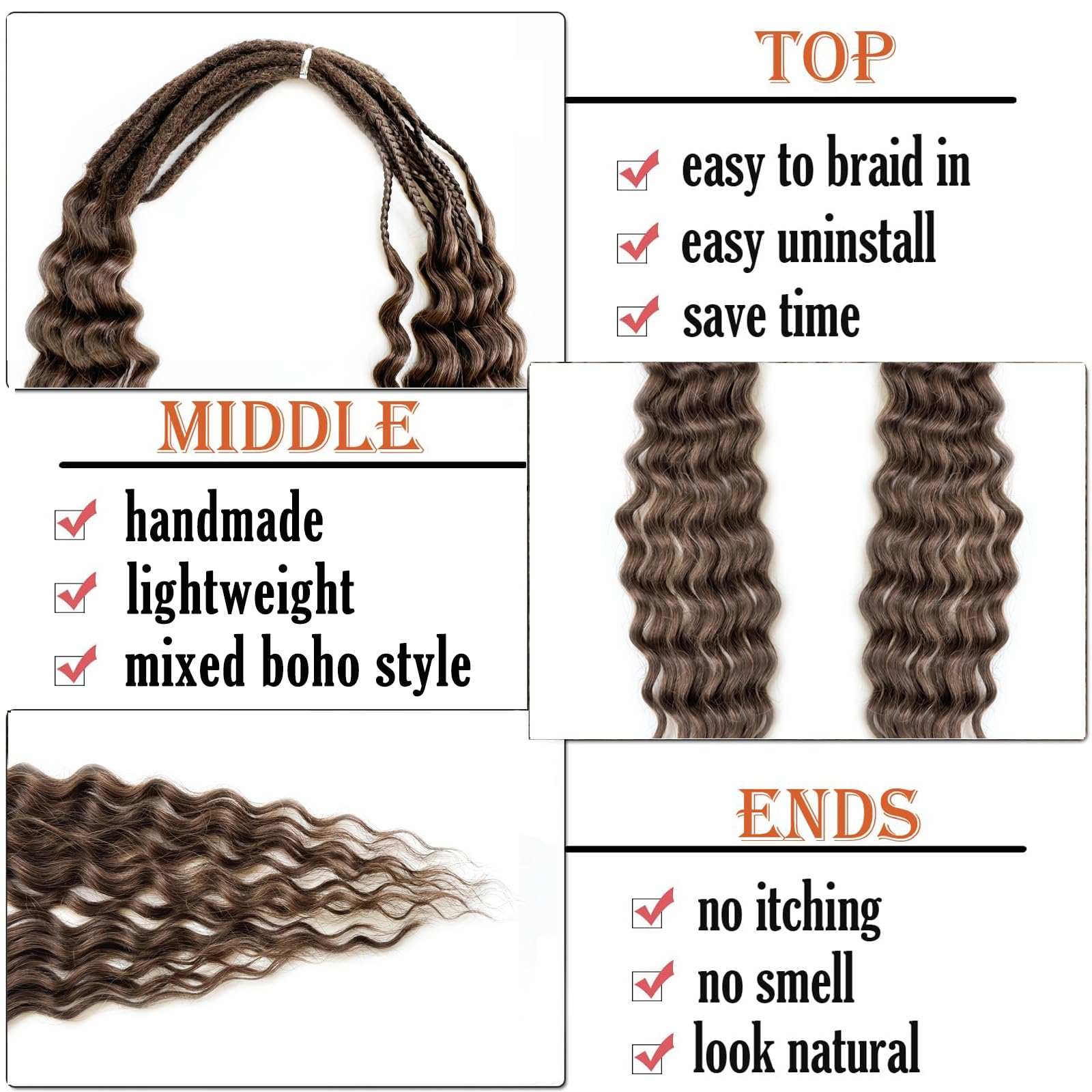 Extensiones de rasta de 66 cm, 10 hebras, rizadas y sintéticas, estilo bohemio, de doble cara, 10 hebras (12#)