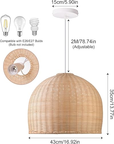 Miniatura 7 de Arturesthome Lámpara de araña de mimbre, cesta de ratán rústica, lámpara colgante de techo costero, pantalla colgante de granja, iluminación para