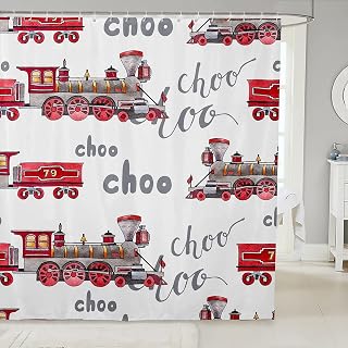Feelyou Cartoon Car Bath Curtain Kids Train Shower Curtain Choo-Choo Rail Roads Tracks Decor Bathroom Shower Curtain Set Polyester Train Construction Kids Bathroom Accessories 72"x72"