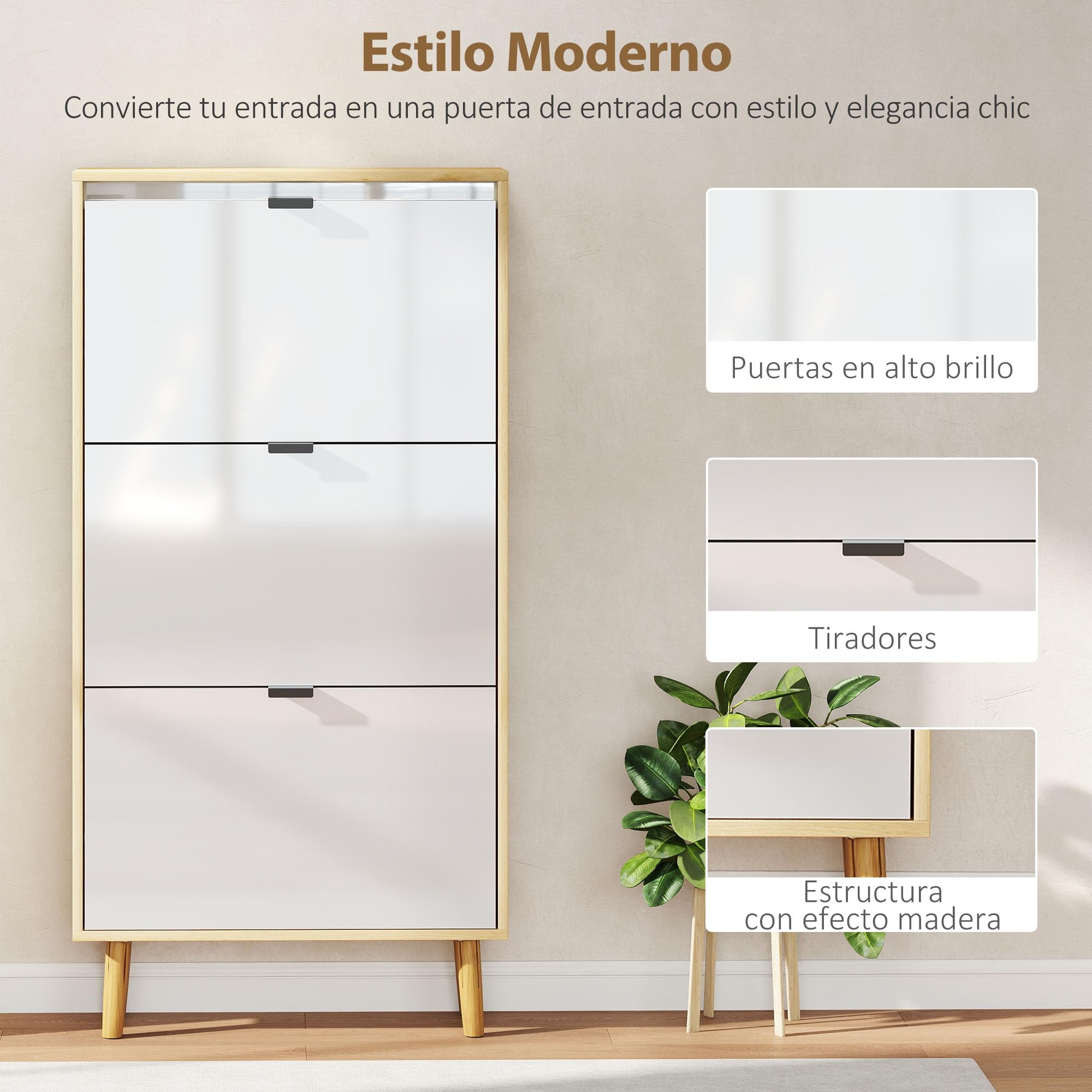 HOMCOM Zapatero Estrecho con 3 Puertas en Blanco Brillo, Zapatero Entrada Recibidor con Estantes Ajustables Patas de Madera, para 18 Pares de Zapatos, 60x24x127 cm Blanco
