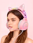 Lightweight Gaming Headsets with Removable Cat Ears,Gradient RGB Light, Wired Over- Ear Headphones for PC/PS4/PS5/XBOX/Switch, Virtual Surround Sound & Noise Cancelling Mic, Auto-Adjust Headband, Pink