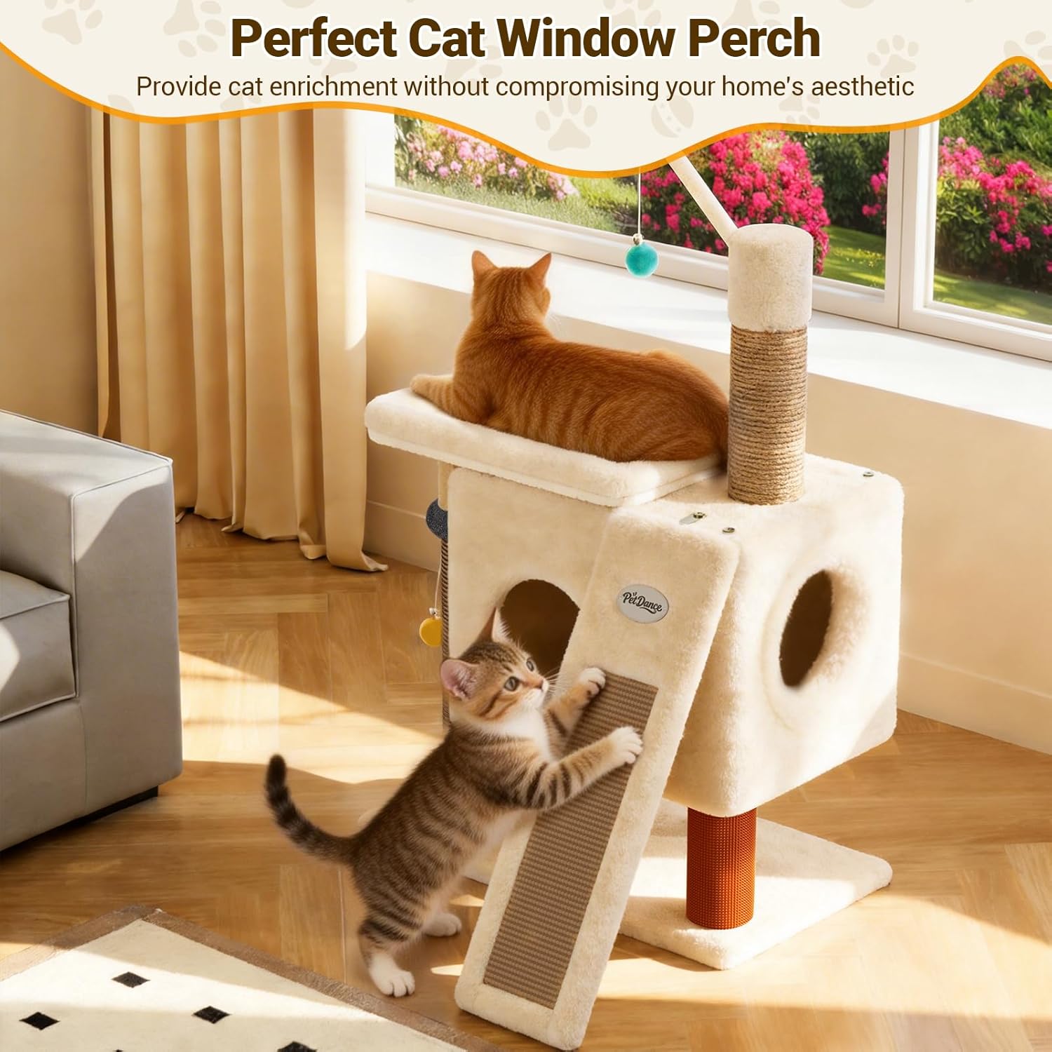 [Small but Mighty] PetDance Pro-Durable Cat Tree,Space-Saving Cat Tower with Multiple Fun,All-in-1 Powerhouse with Interactive Ball Track Toy & Self-Grooming Brush for Energetic Cats,Beige