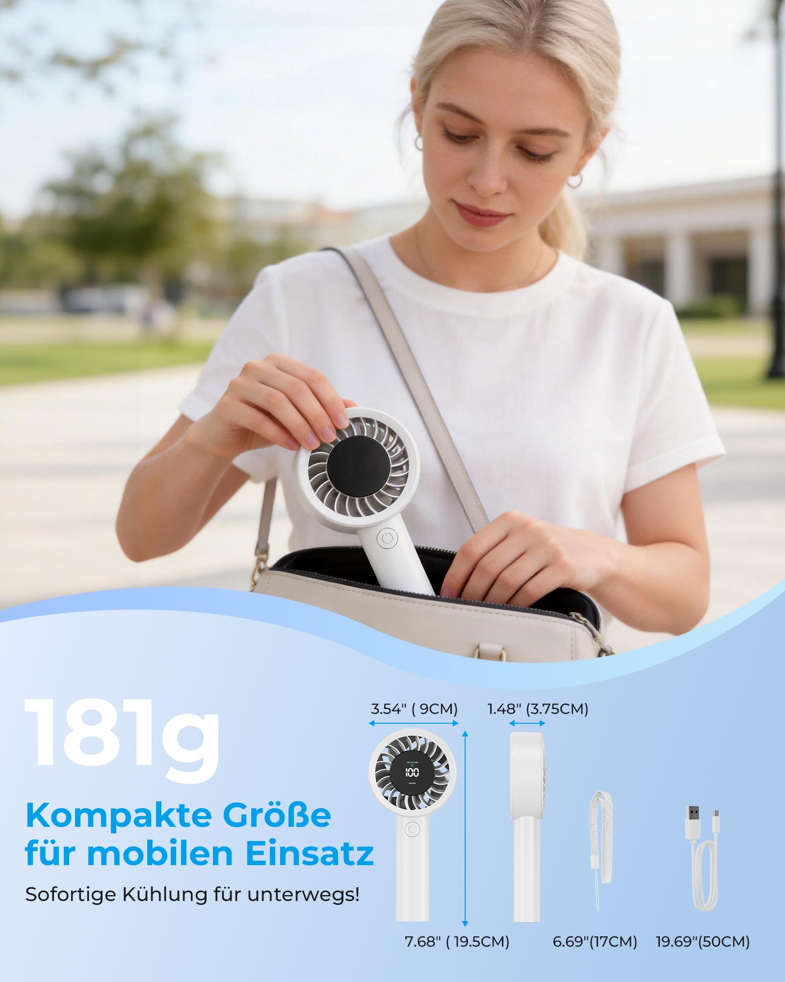 USB Tragbar Leiser Handventilator - 4000mAh Wiederaufladbar Starker Luftstrom Ventilator mit Lanyard, LED-Display, 5 Geschwindigkeitsstufen, Kompakt für Reise, Büro, Outdoor & Zuhause