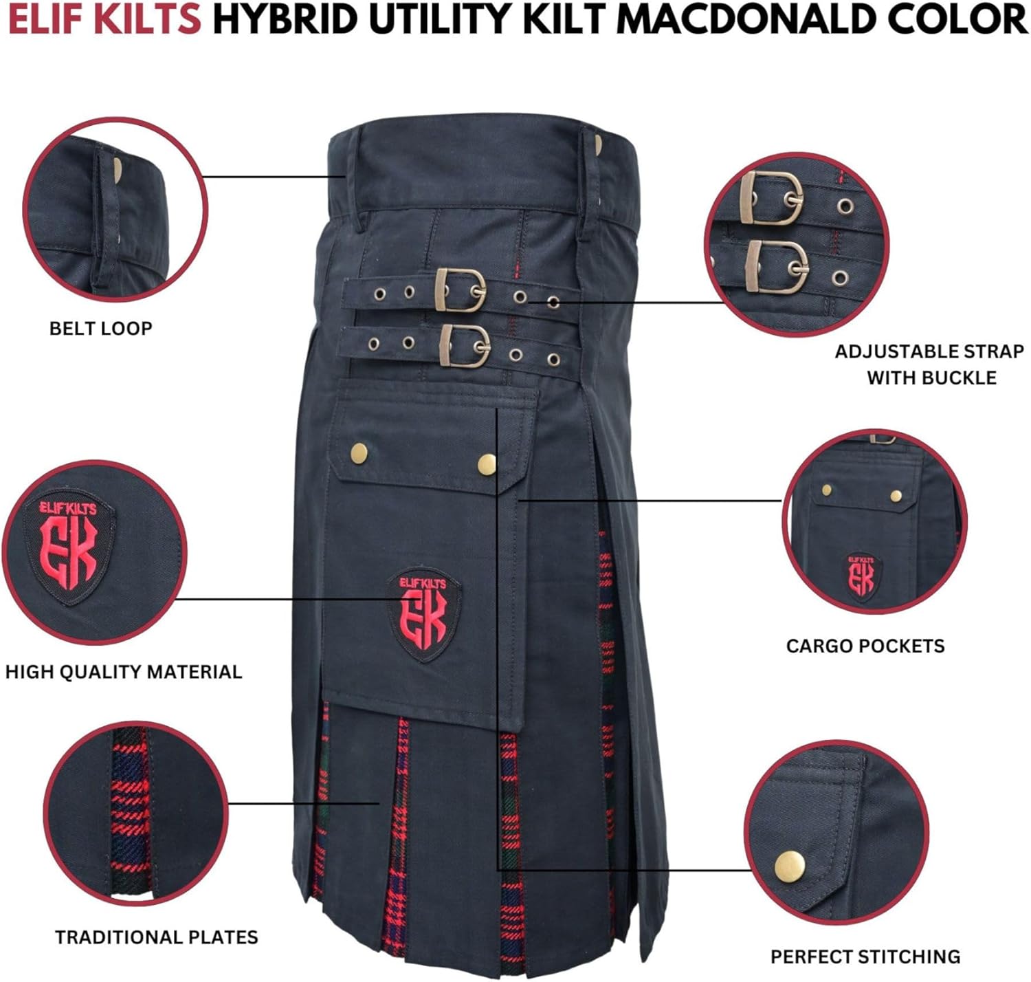 Modern Utility Kilts-Men's Scottish Plus Size Hybrid Black Cotton & Acrylic Wool Tartan Utility Kilts for Men