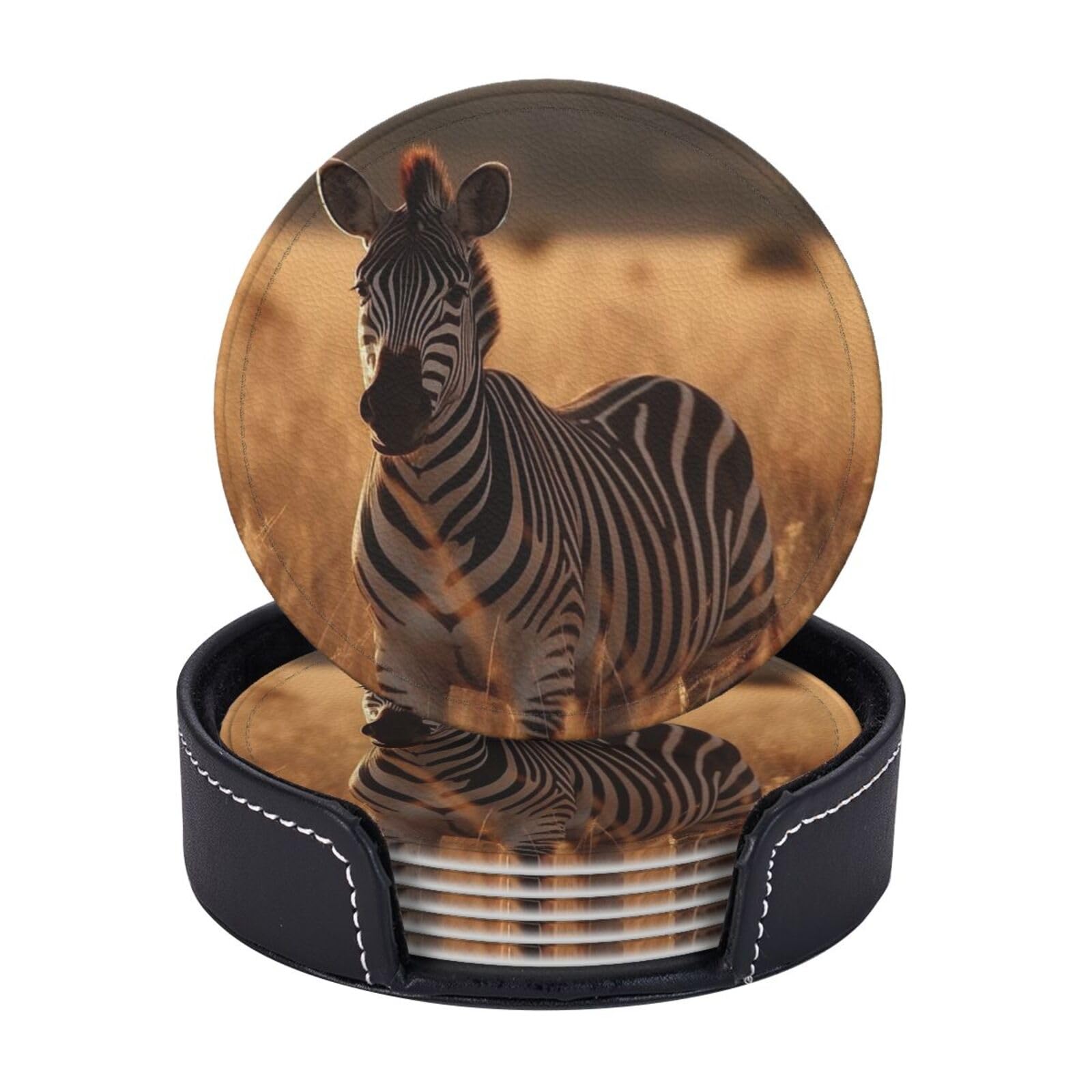 Drink Coasters 6Pcs Round Leather Coaster with Holder Zebra on the Grassland Coasters for Drinks Coffee Cup Mat Heat Resistant Coaster for Tabletop Protection Desk Accessories Office Home Decor