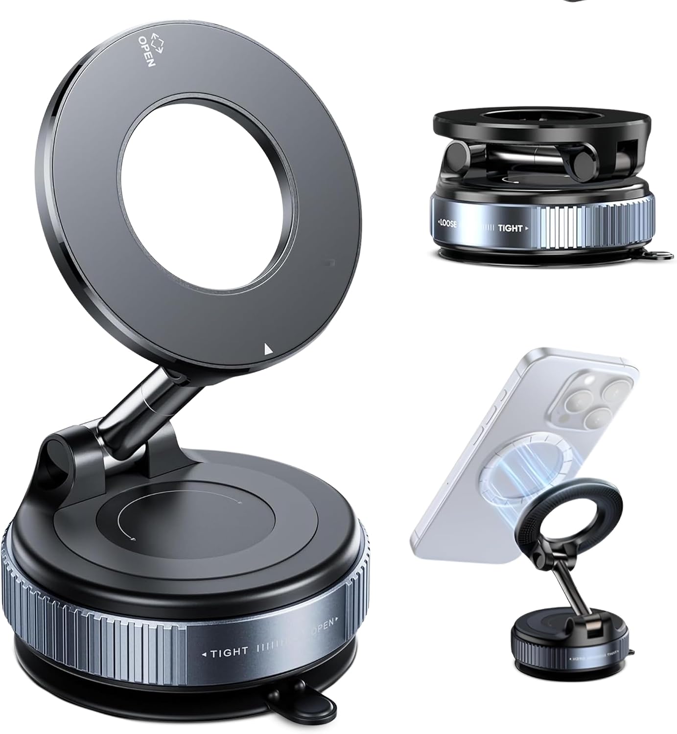 Vacuum Magnetic Phone Holder for Car – Zinc Alloy Suction Car Mount, Adjustable Height, 360° Rotation, Foldable & Portable, Dashboard & Windshield Phone Stand, Cell Phone Holder Car Accessories