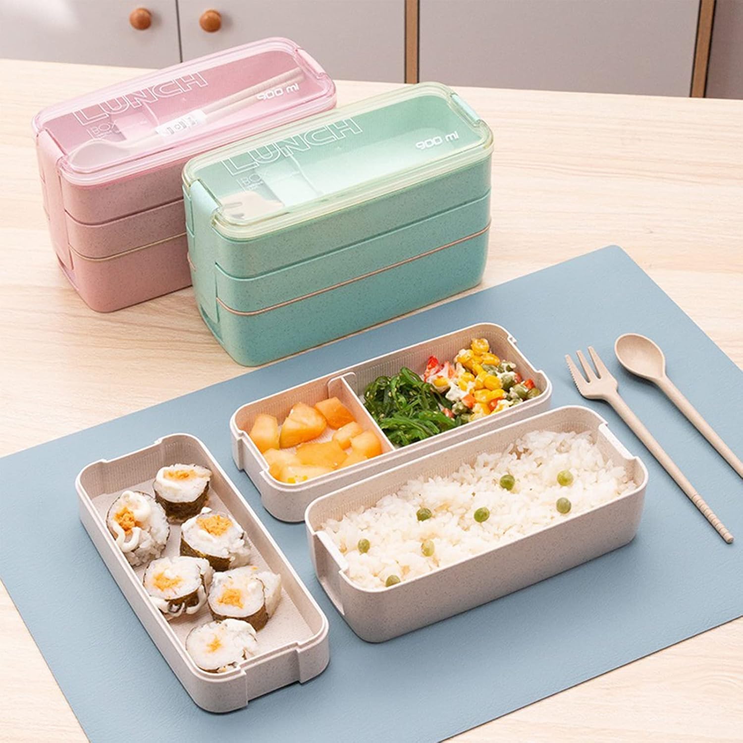 Rarapop 3 Pack Stackable Bento Box Japanese Lunch Box Kit with Spoon & Fork, 3-In-1 Compartment Wheat Straw Meal Prep Containers with Divider for Kids & Adults (Green, Pink & Beige): Home & Kitchen