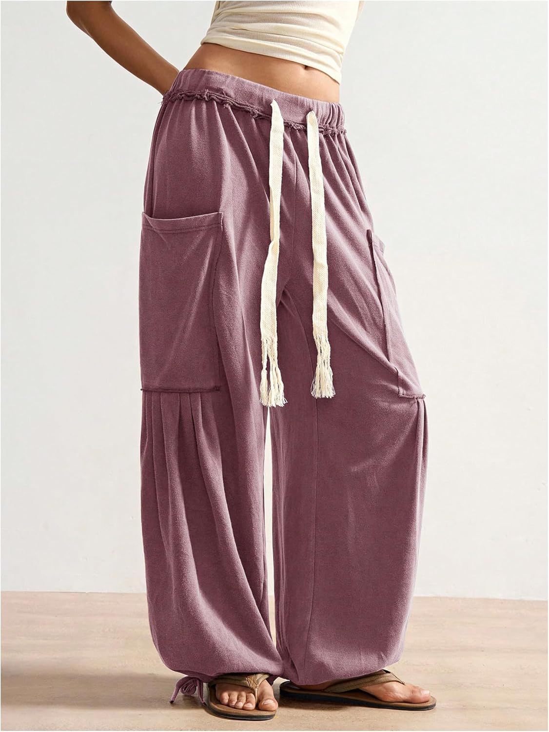 Women's Baggy Harem Pants Drawstring Waist Wide Leg Sweatpants Boho Casual Trousers Joggers with Pockets - Image 5