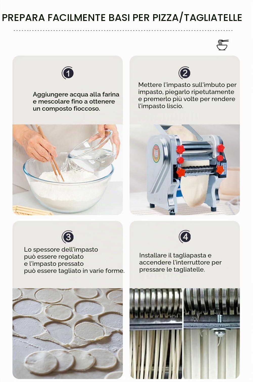 Sfogliatrice Elettrica per Pasta,Macchina per Pasta Fresca Elettrica per Impasto,Noodle, Macchina per Fare la Pasta Elettrica per Impastare,Stendere,Tagliare,Doughwidth16cm