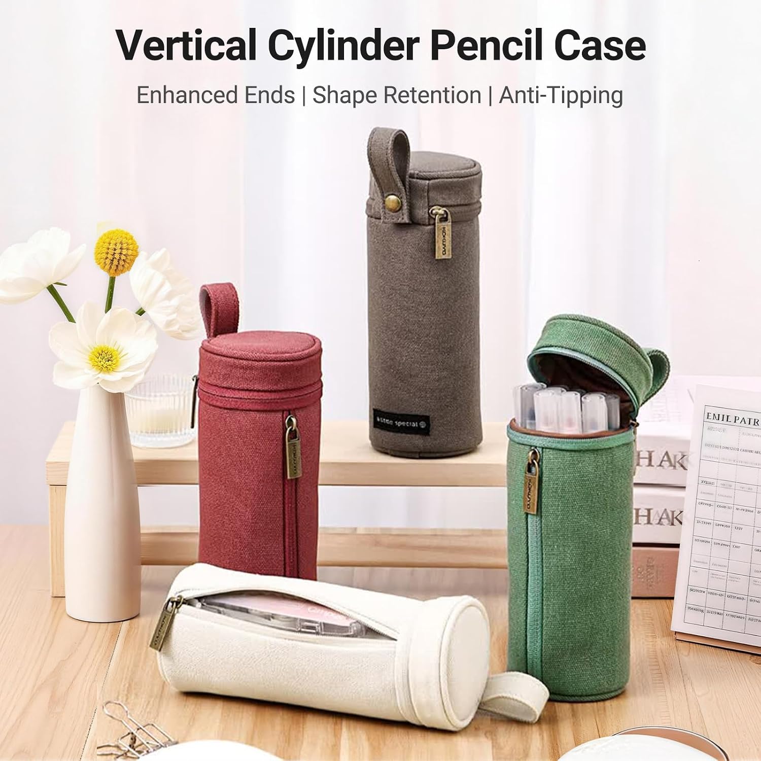 KOKUYO Cylinder Pencil Holder, Standing Zipper Stationery Organizer, Brown