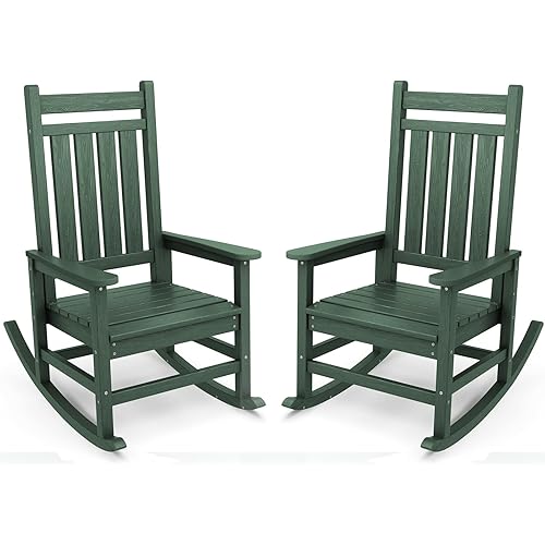 SERWALL Outdoor Rocking Chair Set of 2, HDPE Rocking Chairs for Adult, All Weather Porch Rockers for Lawn Garden, Green