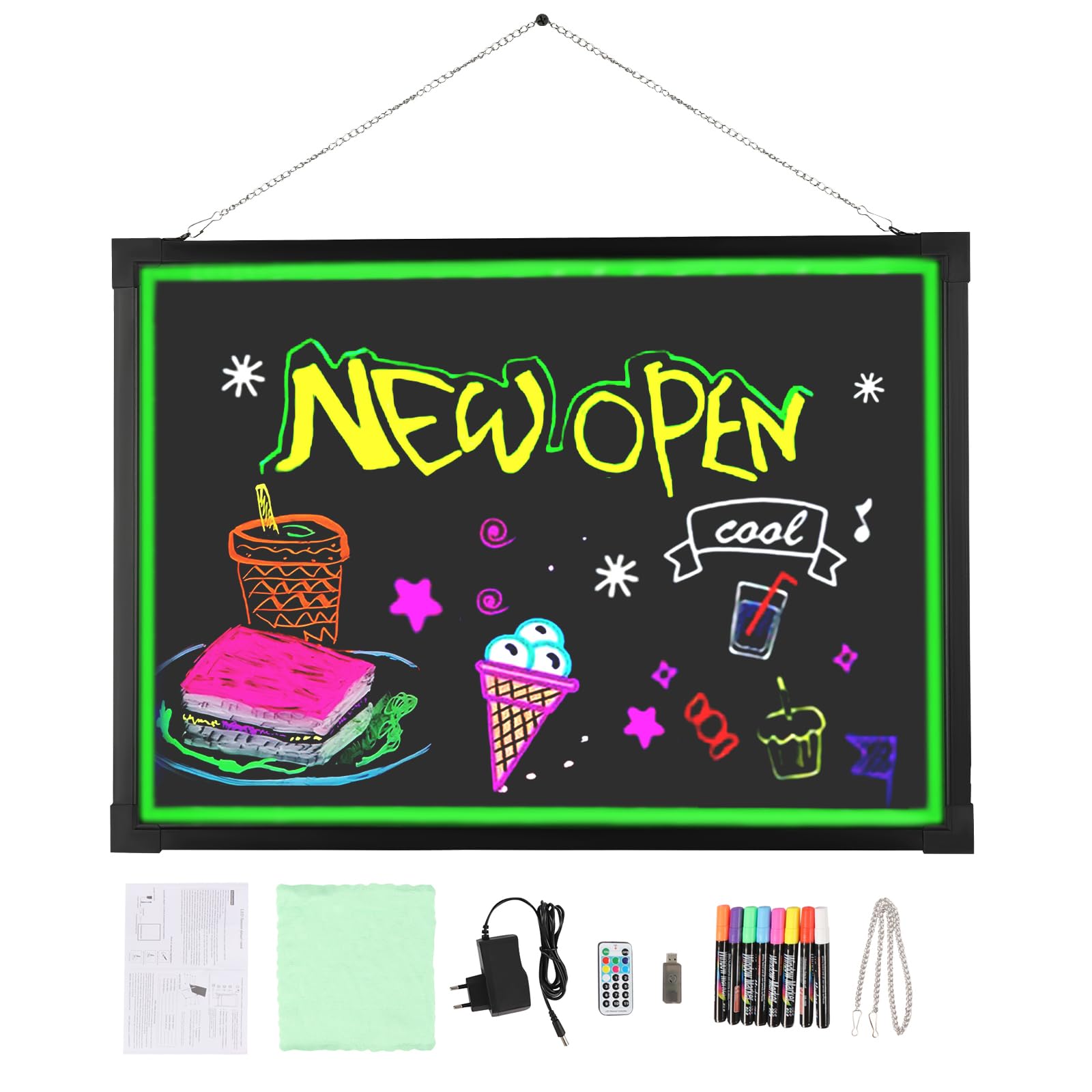 Lavagna pubblicitaria luminosa a LED 60 cm x 80 cm Lavagna LED con 8 penne al neon e telecomando, 18 effetti di luce Lavagna luminosa di design fai da te per caffetteria, bar, ristorante, matrimonio
