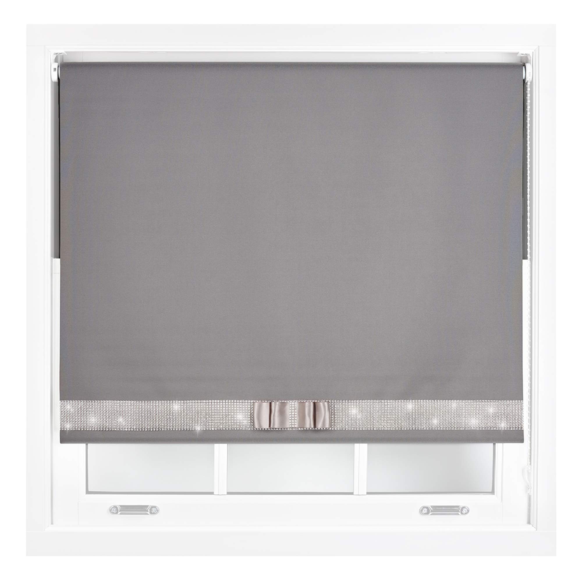 FURNISHED Diamante Blackout Blinds with Bow - Decorative Diamond Sparkle Design Roller Blind Dark Grey Cut to Size Up to 120W x 165L cm