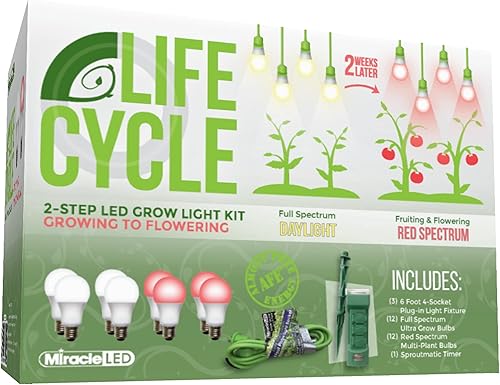Miracle LED Plant Life Cycle Kit de luz de cultivo sincronizada de 4 tomas con 4 bombillas de espectro completo ultra crecimiento y 4 bombillas