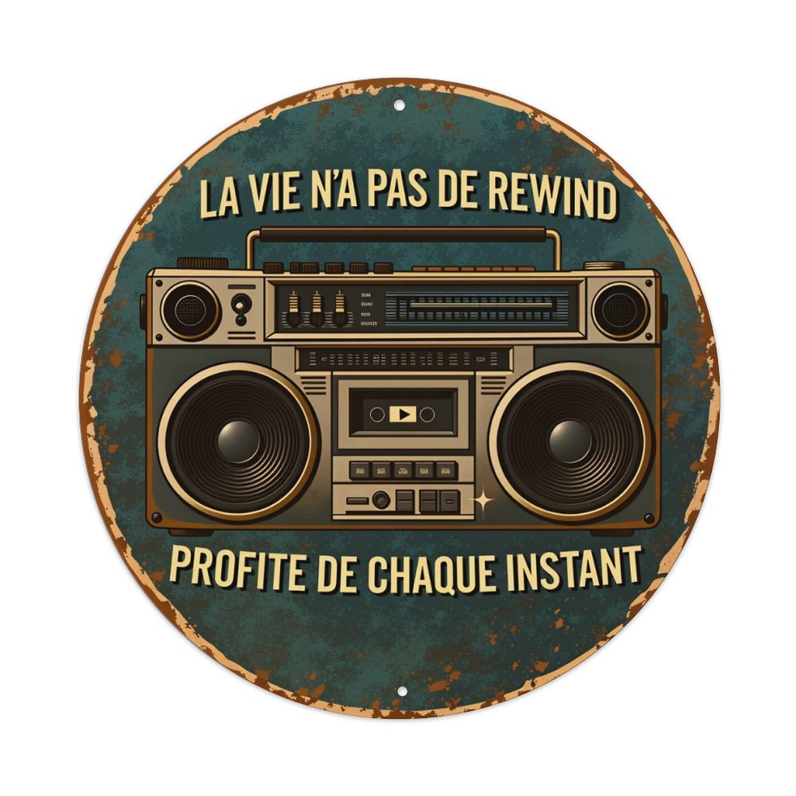 Retro Boombox With Vintage Text And Rust Effect Round Vintage Tin Sign,Retro Wall Art,Metal Poster for Home, Bar, Garage, Cafe, Rustic Indoor & Outdoor Decor, 8x8 Inches