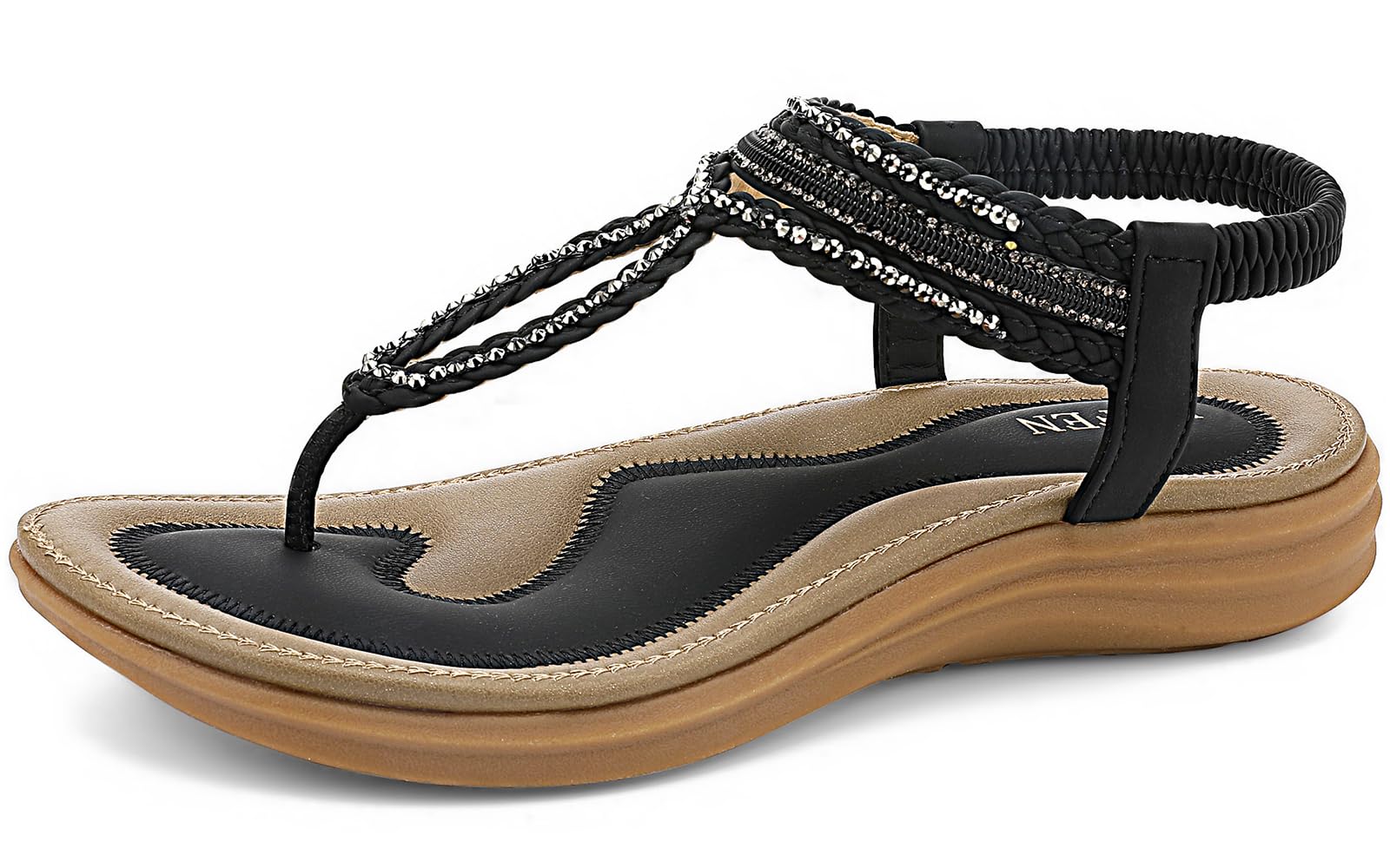 UBFEN Womens Bohemian Flat Sandals With Back Strap Summer Beach Comfortable Bling 10 D Black