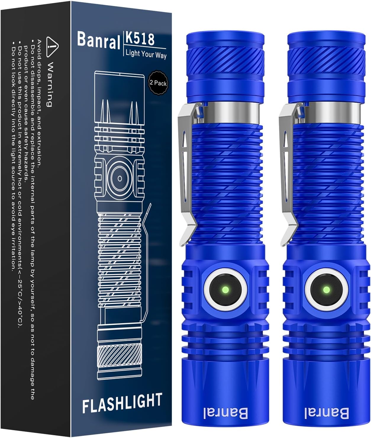 Banral Rechargeable Tactical Flashlights, High Lumens Small Mini USB-C LED Flashlight, Compact EDC Flash Light, 4 Modes&Memory Function, Waterproof Pocket Lights for Home,Camping,Emergency (2, Blue)