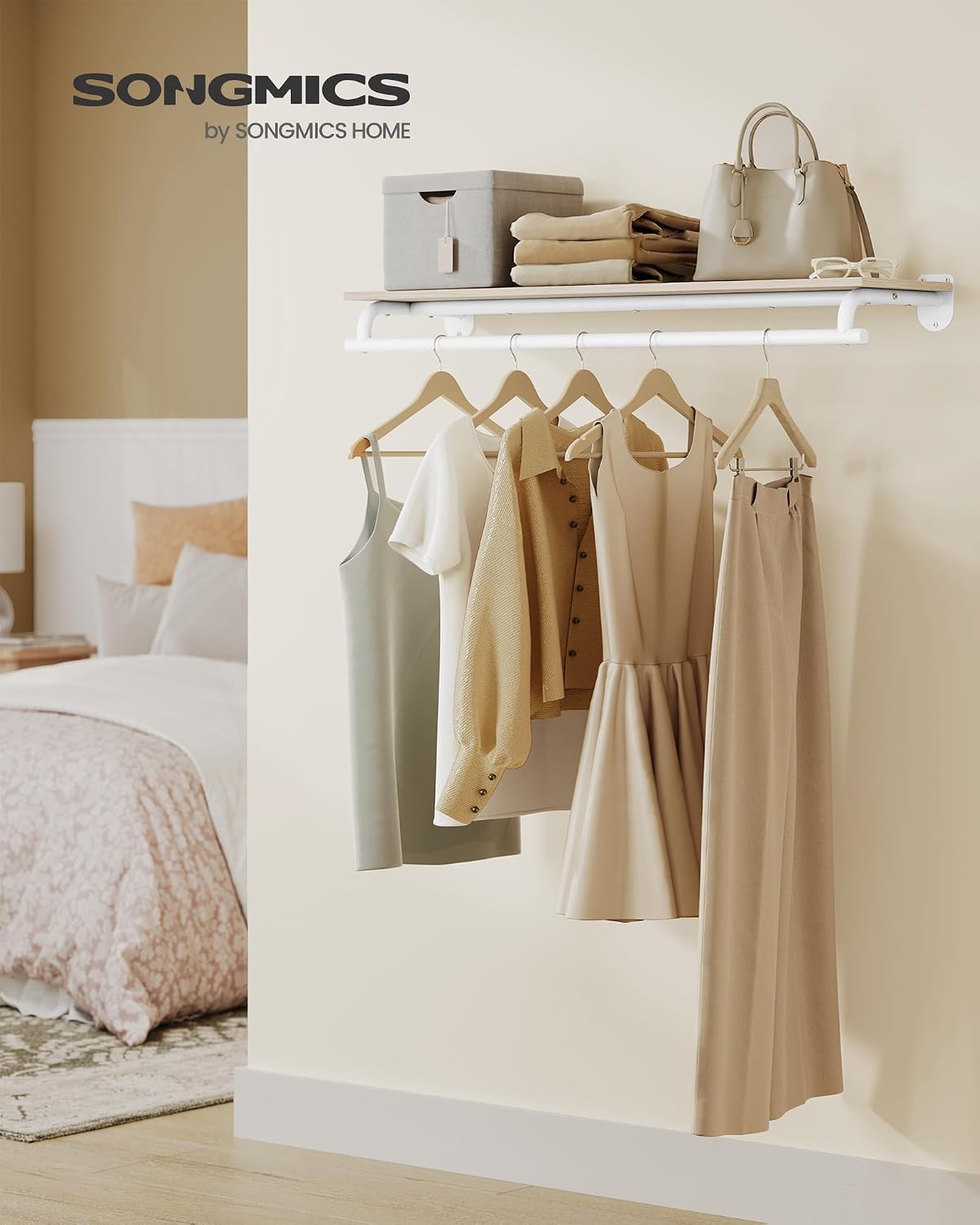 songmics clothes rack with top shelf, wall mounted clothing rack, with hanging rod, loads up to 77 lb, 11 x 42.9 x 5.2 inches, entryway, bedroom, closet, natural beige and cloud white uhsr135w01 natural beige + cloud white