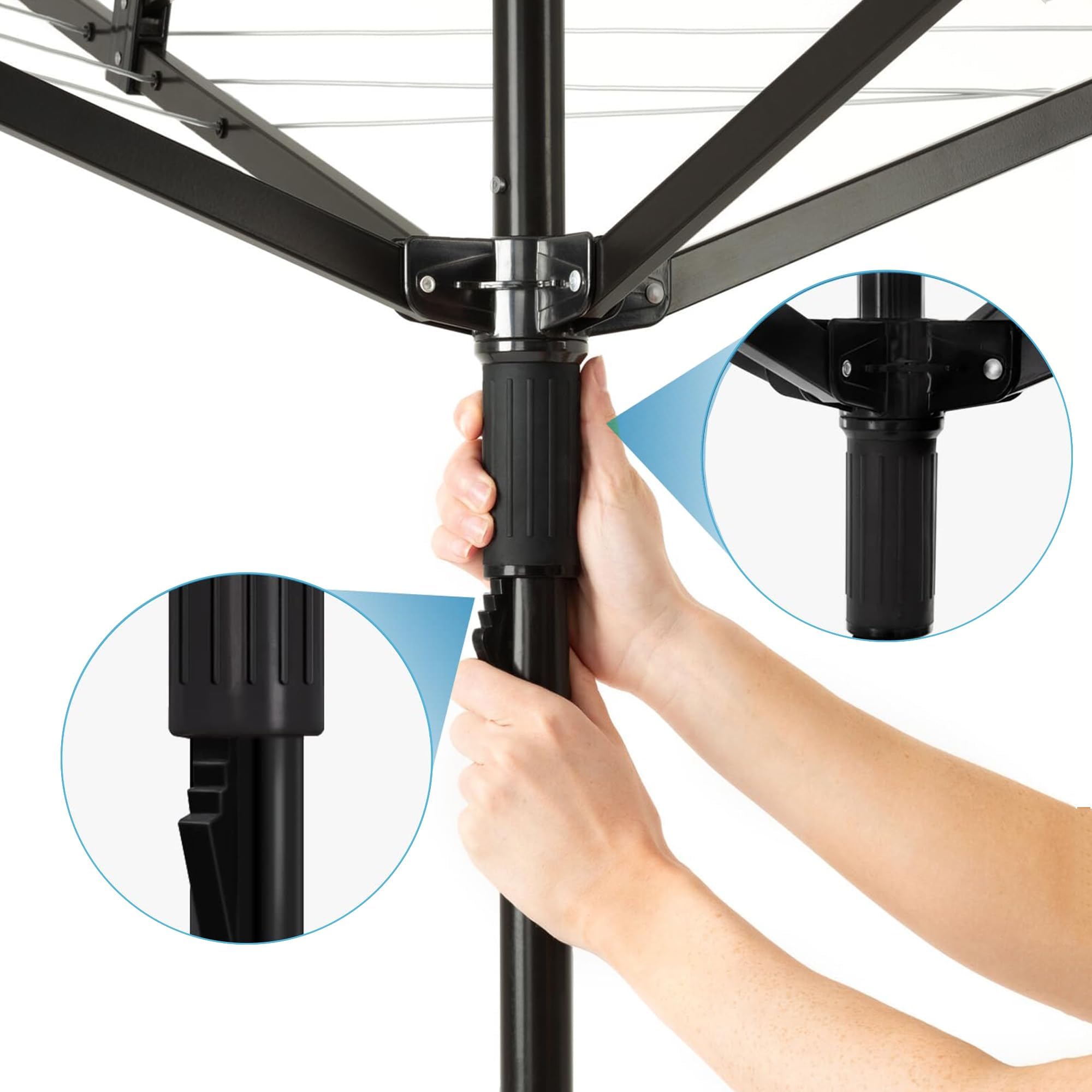 MYOYAY Wäschespinne Draußen, Faltbare 4-armig Wäscheständer mit Bodenhülse | Wäscheständer Wäschespinne für Garten große xxl Wäscheschirm mit Schutzhülle, 50m PVC Wäscheleine, Schwarz