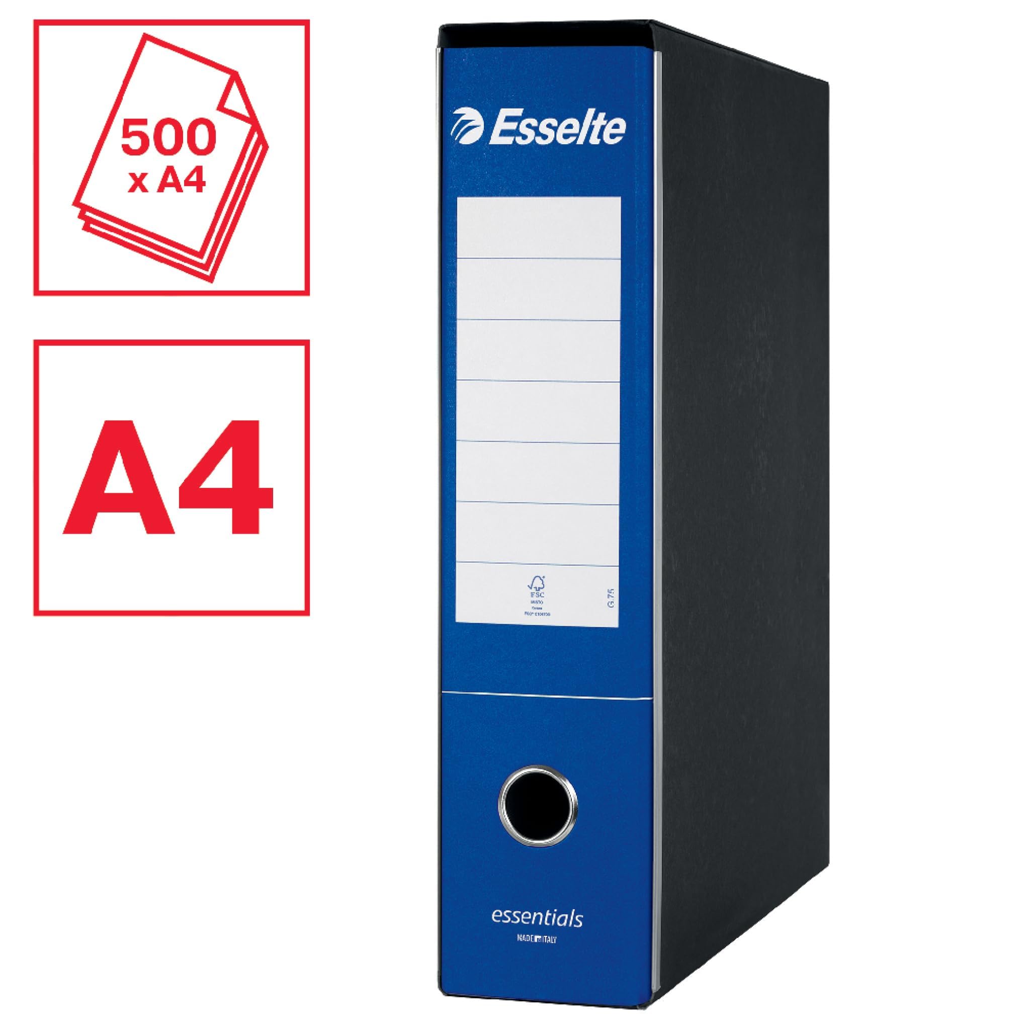 Esselte ESSENTIALS G75 Registratore con Custodia, con Meccanismo a Leva, in Formato Protocollo con Dorso da 8 cm, Blu, Conf.da 6 pezzi, 390775050