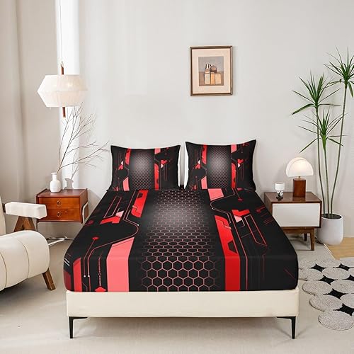Miniatura 5 de Manfei Sábana bajera ajustable de panal rojo, tamaño matrimonial, juego de ropa de cama hexagonal geométrica de 3 piezas para decoración de