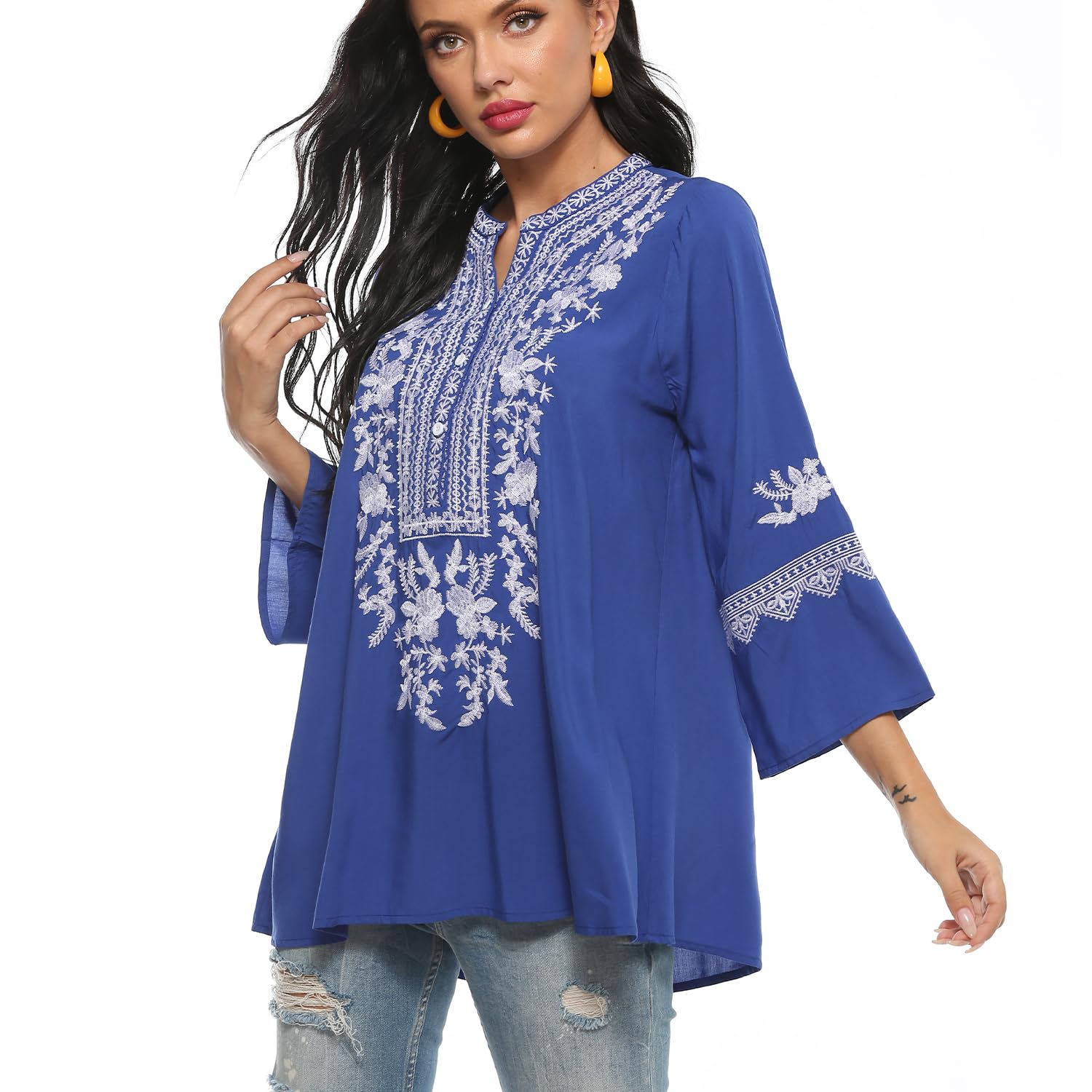 Blusa de verano para mujer, estilo bohemio, bordado mexicano, cuello en V, manga corta, estilo bohemio, túnica, folklore hippie