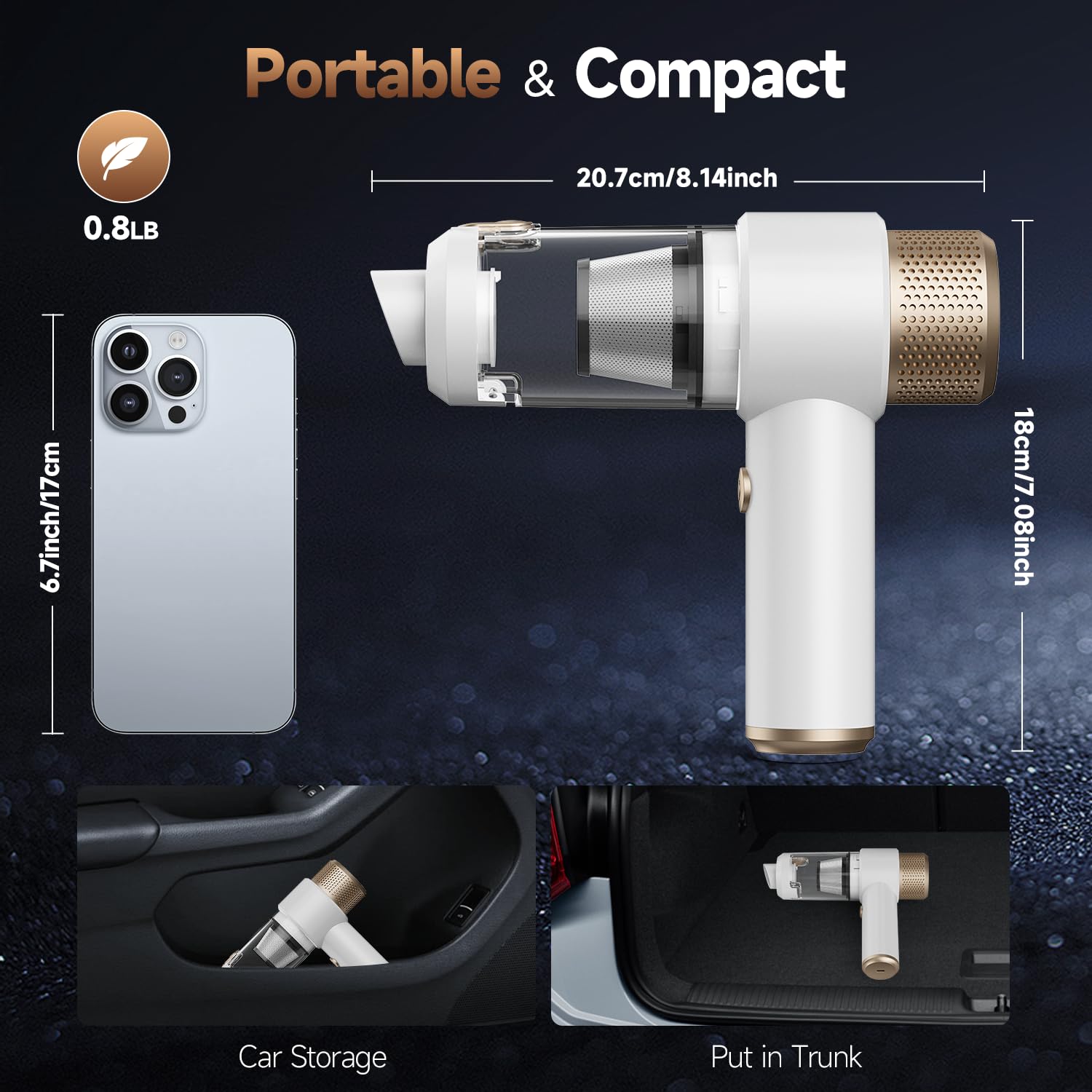 Vizeusvac 16000PA Mini Auto Aspiradora Inalámbrica Potente 7 en 1 Aspiradora de Mano Portátil Inalámbrica con Luz LED Doble Filtro One Touch Vacío Pelo de Animal para Hogar Oficina
