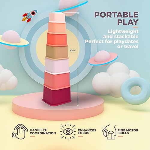 Miniatura 5 de QOOB SPIN Vasos de silicona apilables cuadrados para bebés, juguetes Montessori Waldorf para desarrollo temprano, habilidades motoras educativas,