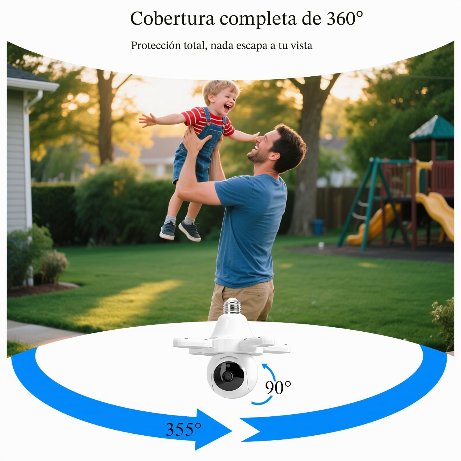 3MP Cámara Vigilancia WiFi Interior/Exterior, 355° PTZ Cámara Bombilla | Con Bombilla, Visión Nocturna Hasta 15 M, Audio Bidireccional,Autoseguimiento, Admite Tarjeta SD