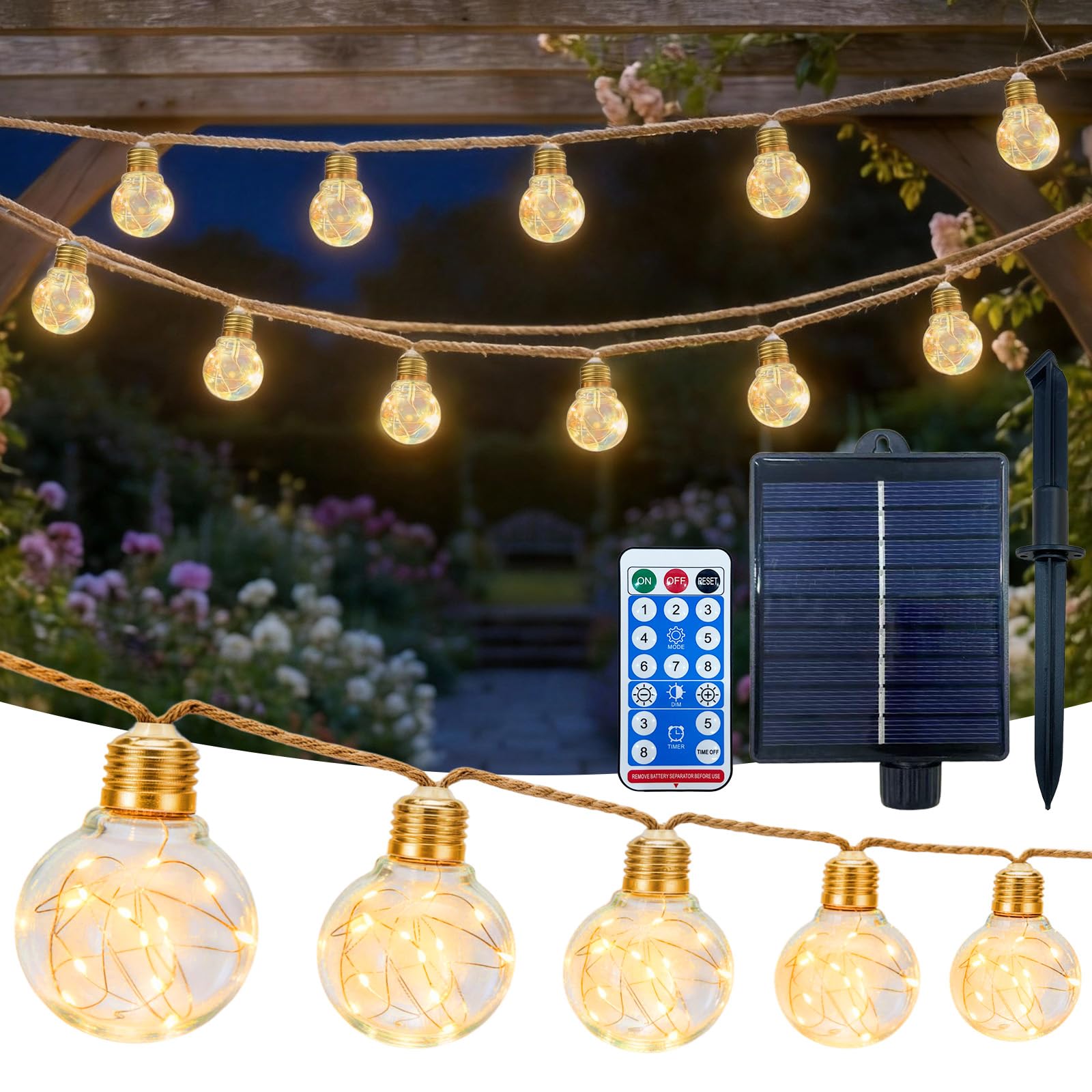 NBOUOU Solar String Lights, 8m Hemp Rope Solar Festoon Lights Outdoor, with Remote, 16 Shatterproof LED Bulbs, 8 Modes 4 Brightness, Waterproof Lighting for Outside Garden Gazebo Party Festival Decor