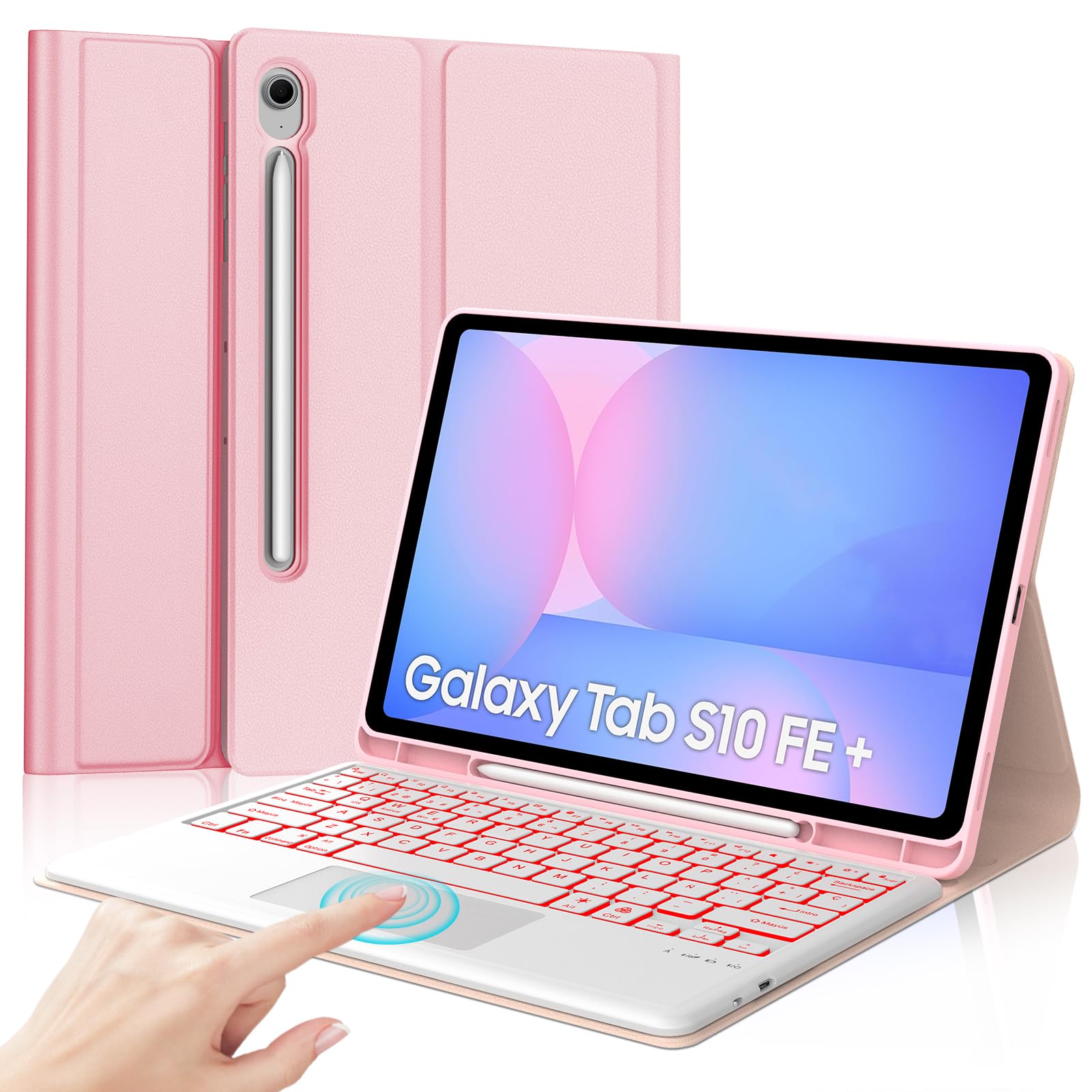 Funda Samsung Galaxy Tab S10 Fe Plus 13.1 Pulgadas con Teclado, Teclado Touchpad Retroiluminación en 7 Colores Español Ñ Inalambrico Desmontable con Trackpad para Samsung Tab S10 Fe Plus, Rosa