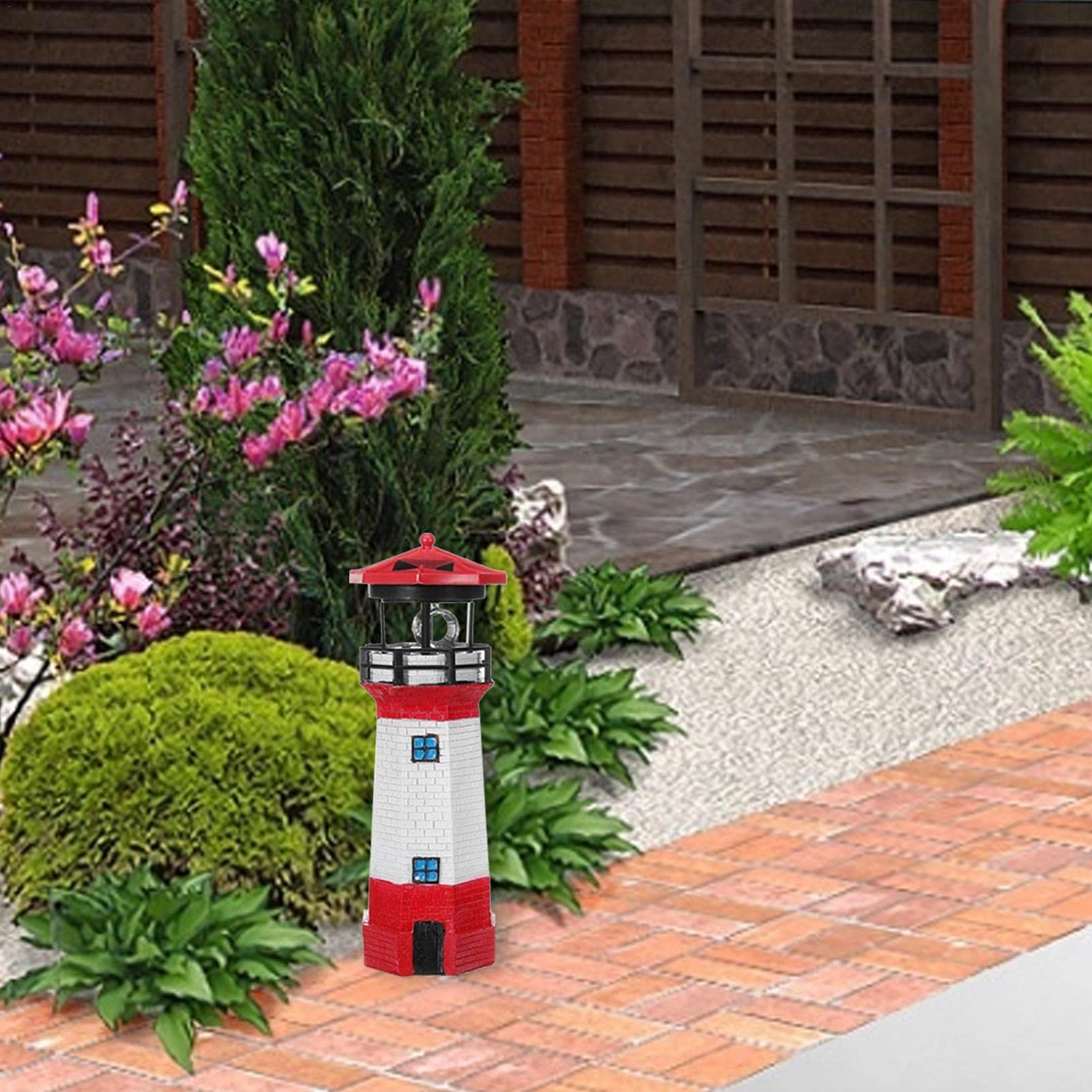 Faro decorativo de jardín con energía solar tradicional con LED giratorio, luz decorativa de faro solar, lámpara de jardín de estilo náutico impermeable para fiestas, terrazas, patios, adornos al