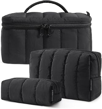 BAGSMART Travel Makeup Bag for Women, 3 Pcs Puffy Padded Cosmetic Organizer Bag, Large Toiletry Case and Small Purse Pouch for Gym, Work, Girls Black