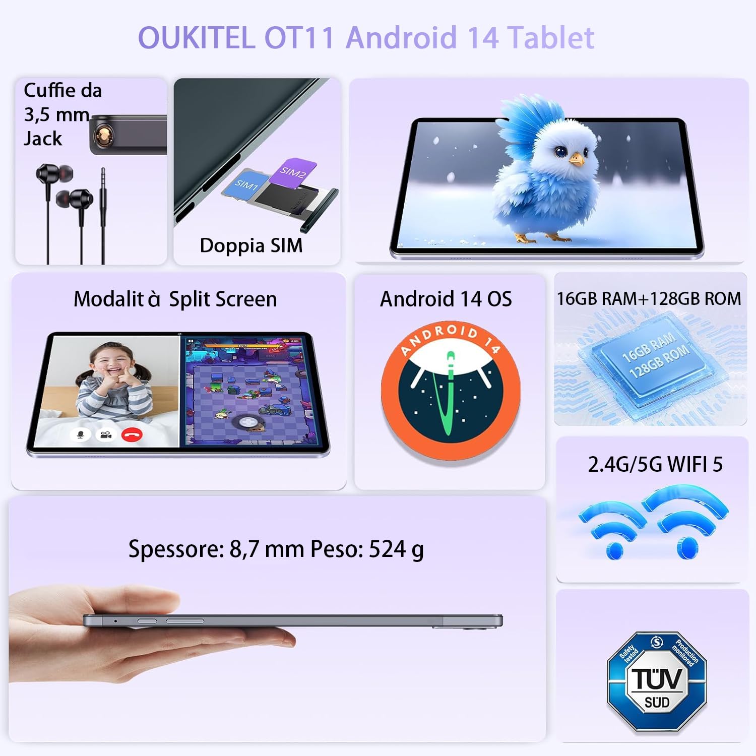 OUKITEL OT11 Tablet 11 Pollici, 16 GB RAM + 128 GB ROM (1TB TF) Tablet Android 14, 2024 Nuovo Tablet in Offerta con Octa Core, 8000 mAh, 1920P HD IPS, 5G WiFi, Widevine L1, TUV (Giallo)