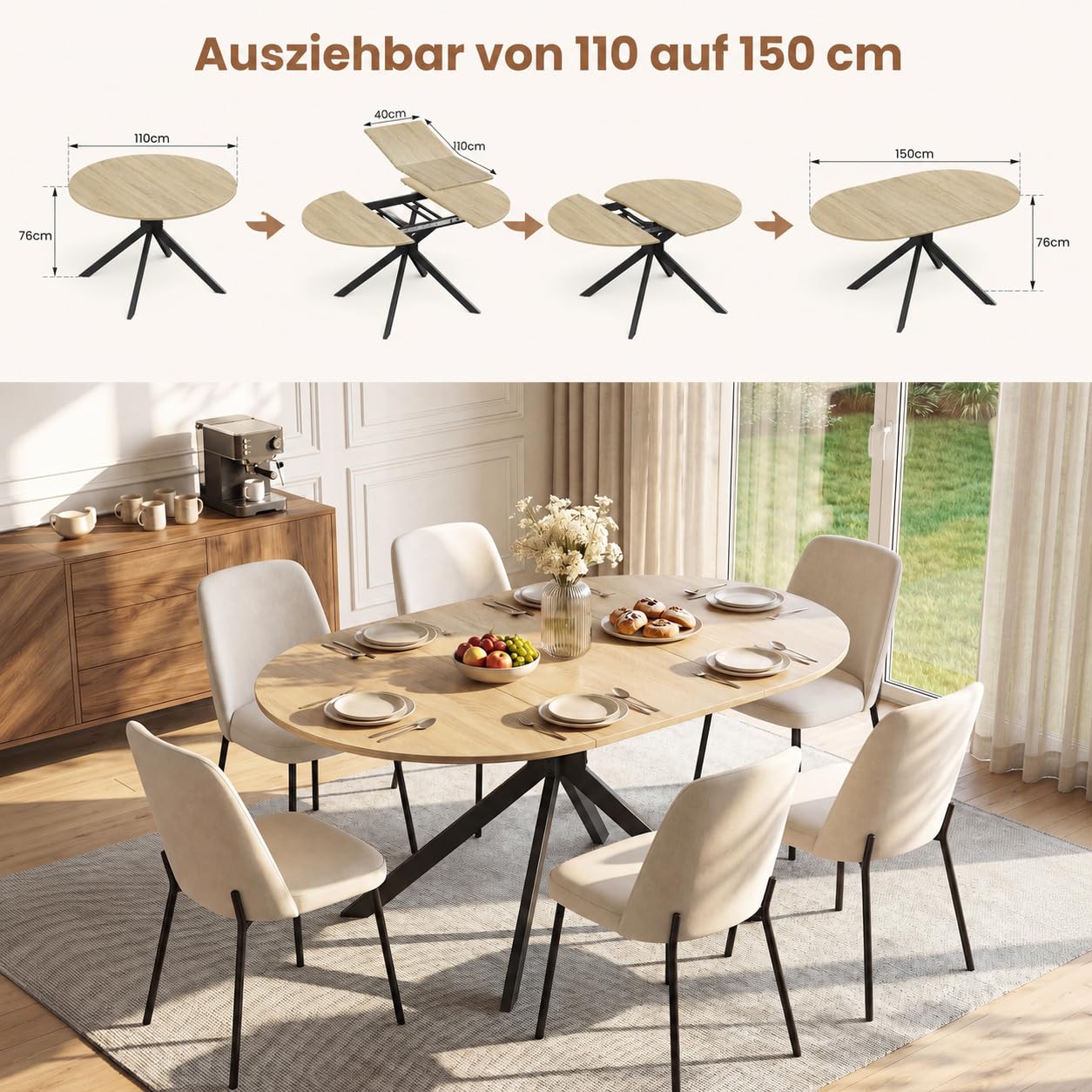 APICIZON Esstisch Ausziehbar, Esstisch 110-150 x 76cm für 4-6 Personen