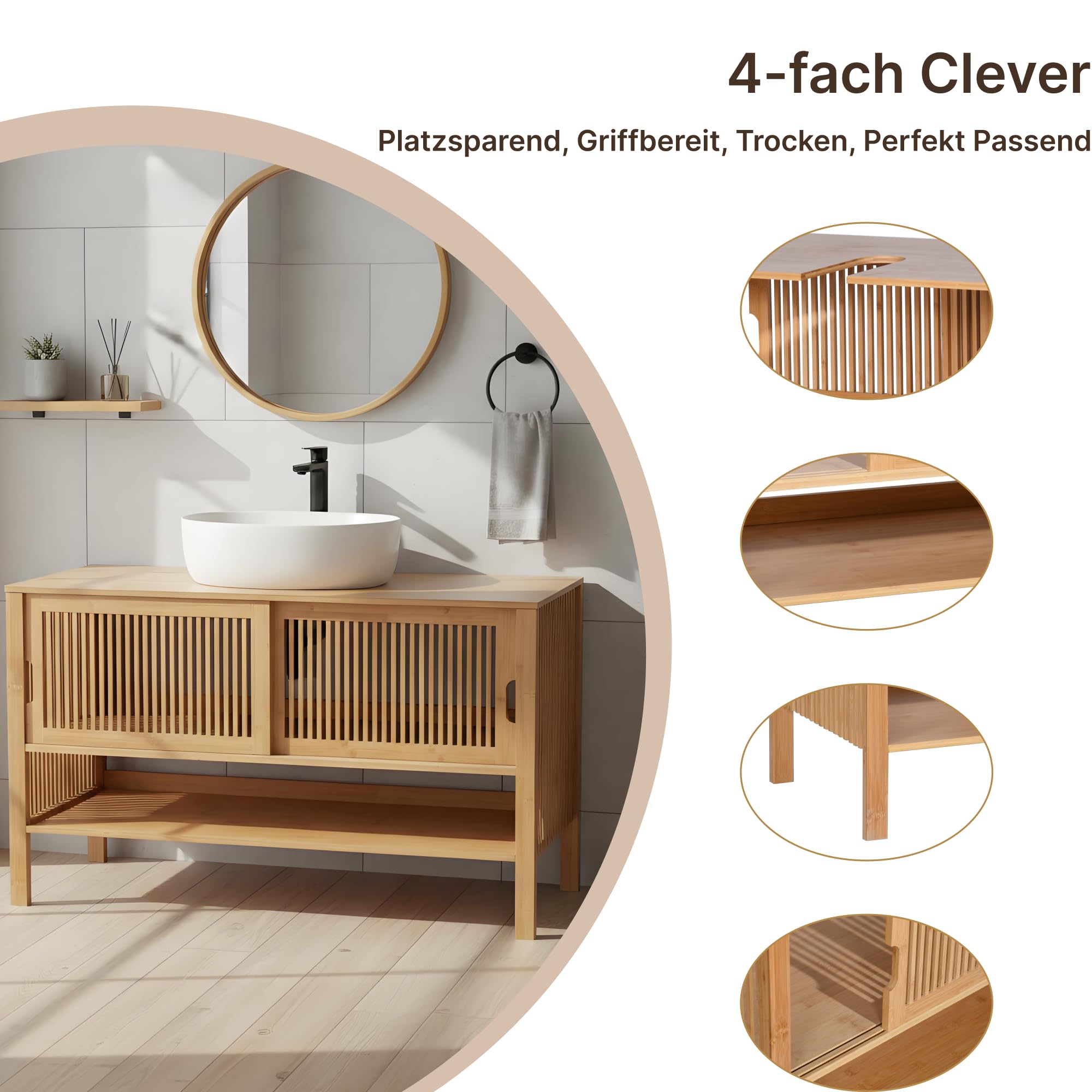 Meuble sous-lavabo 100 cm de large – Meuble de salle de bain en bambou avec portes coulissantes, meuble sous-lavabo naturel avec compartiment ouvert, meuble sous-vasque 100x45x60 cm