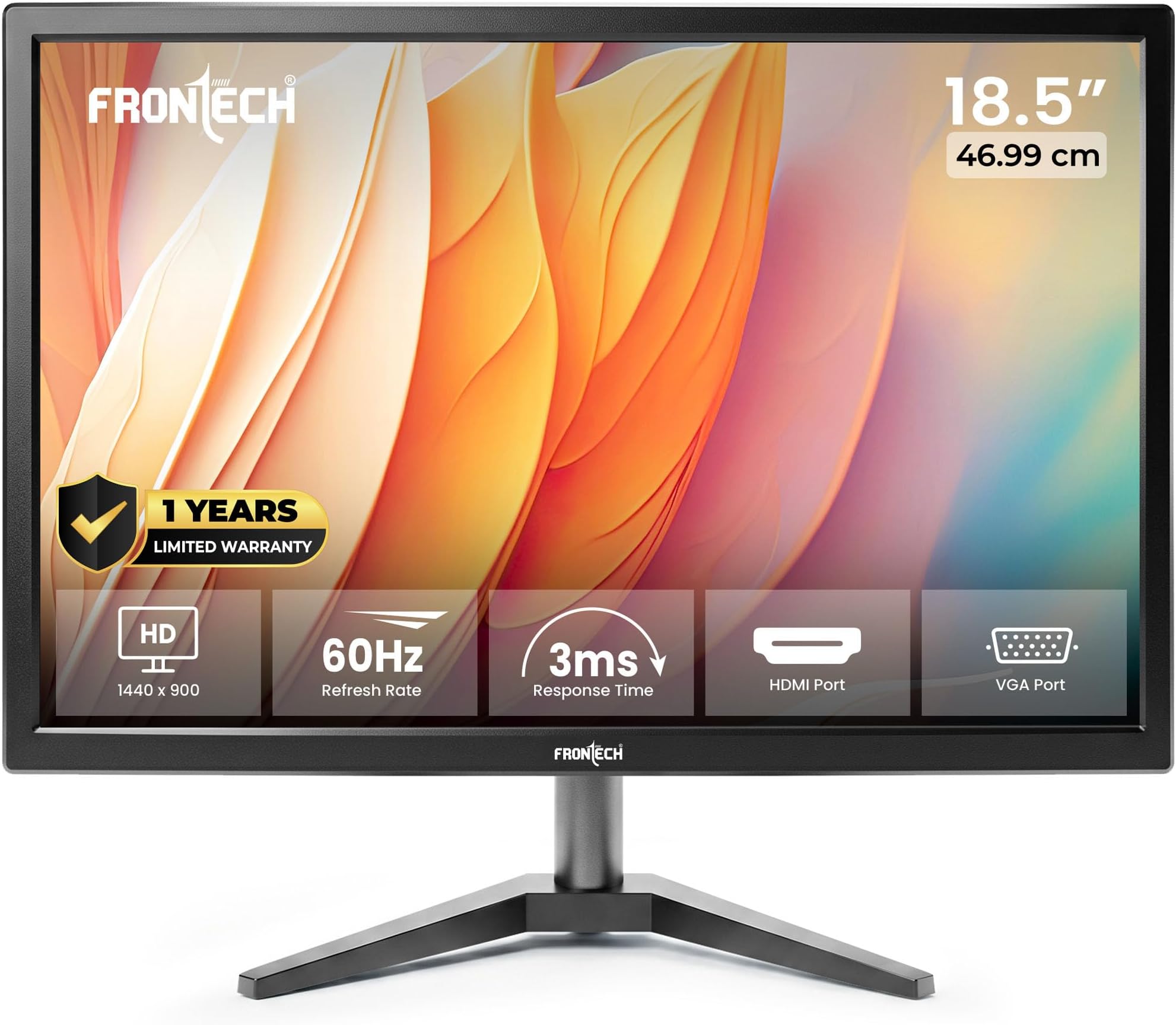 FRONTECH 18.5-inch (46.99cm), LED, HD 1366x768, 60Hz, Black, HDMI & VGA Input, 16.7M Colors, Glossy Panel, Slim Design, Wall Mountable Monitor (MON-0061)