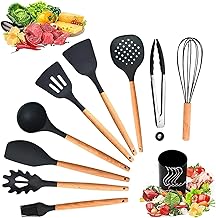 Kitchen Utensils Kit Utensils Ladles Silicone Kitchen Wood Utensils Kitchen Set, Heat Resistant for Kitchen Baking 11 Piece Set Black (2)