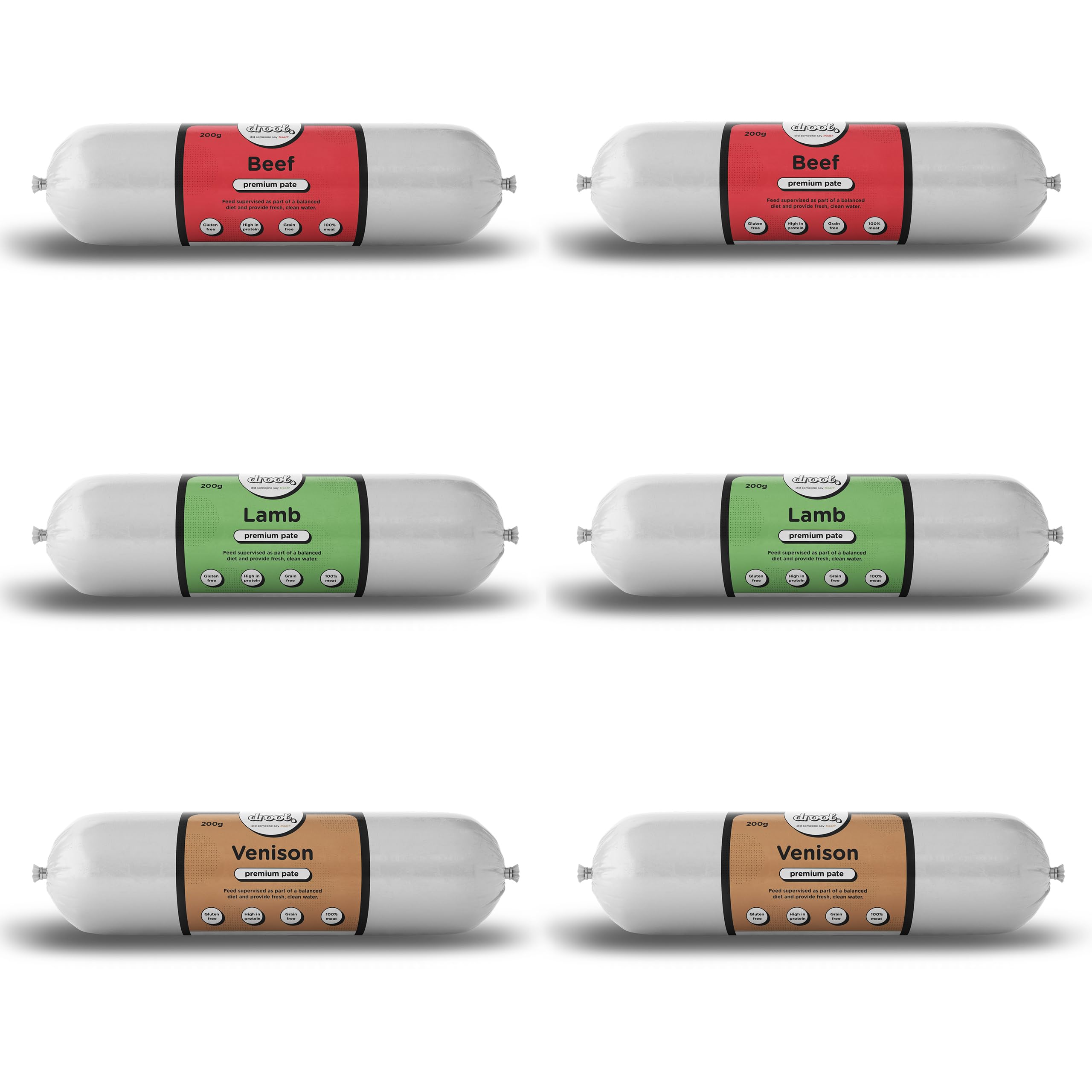 Drool Pet Products | Premium 2 Beef, 2 Lamb & 2 Venison Dog Pate Tube Roll | Grain-Free High Protein Dog Food | Multi Pack 6 x 200g