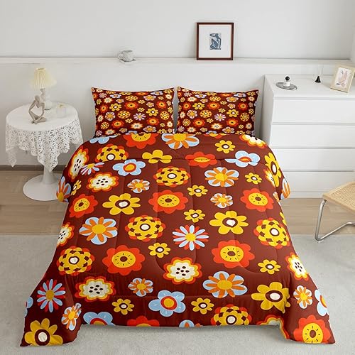 Groovy Flower Power - Juego de edredón tamaño Queen, lindo juego de ropa de cama floral bohemio de los años 60 y 70, edredón hippie para niños,