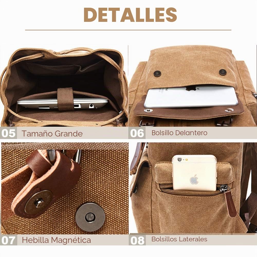 Mochila de Lona Vintage para portátiles Mochilas de Viaje Bolsa de Gran Capacidad Unisex (Negro)