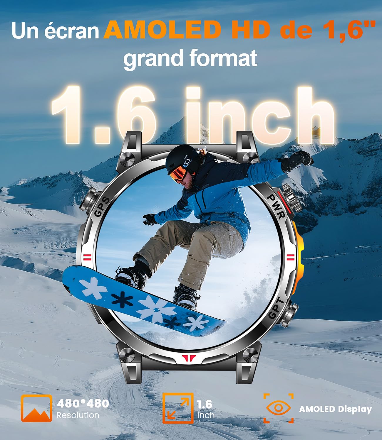 Montre Connectée Homme GPS intégré, AMOLED Appel Bluetooth, Montre Connectée pour Android et iPhone, 100+ Modes Sportifs, 3ATM étanche Montre Sport Homme avec Boussole (1.6)