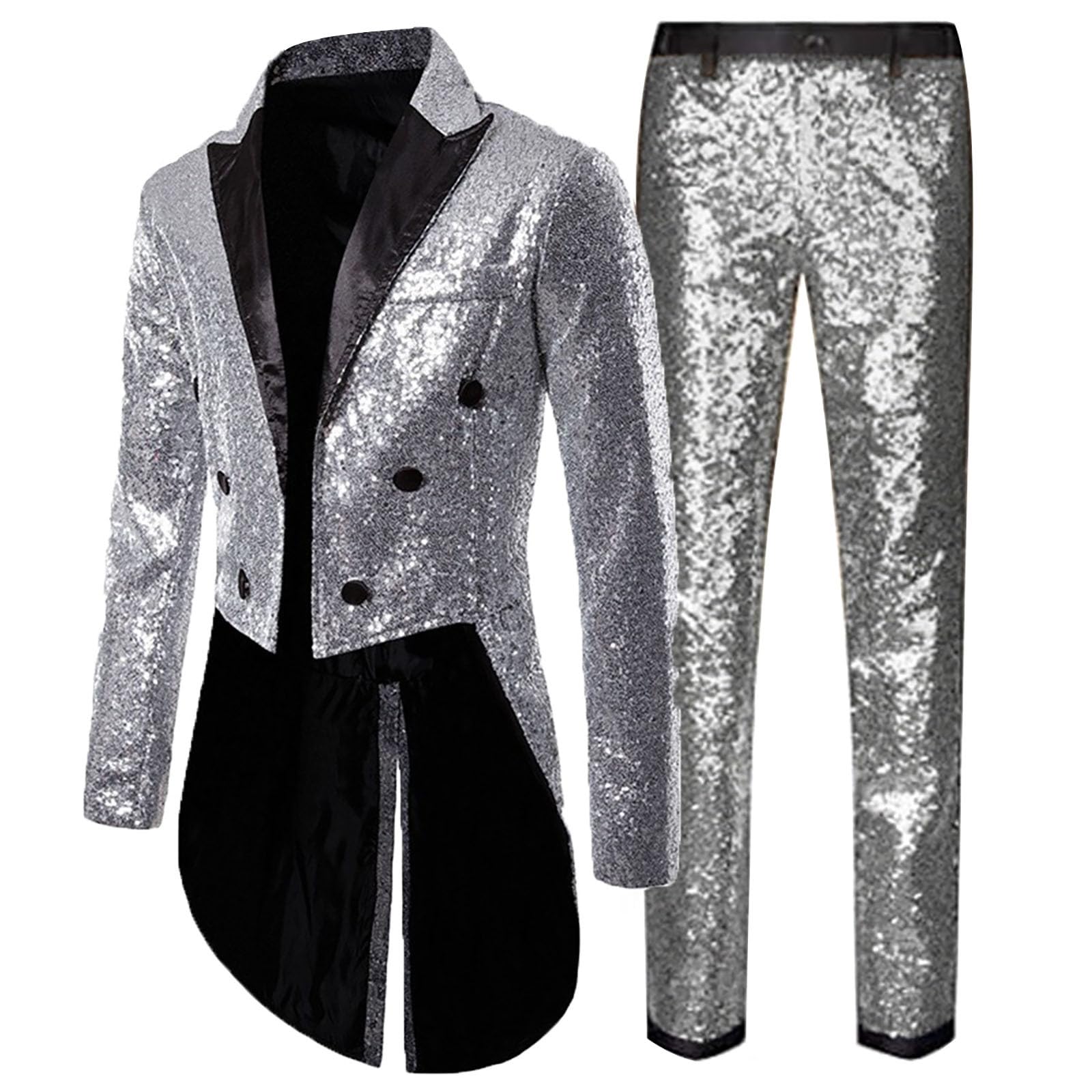 Generisch Pantaloni a frack con paillette, da uomo, eleganti, brillanti, da sera, glamour, sottili, per feste, slim fit, completi, alla moda, essenziali, per feste, versatili