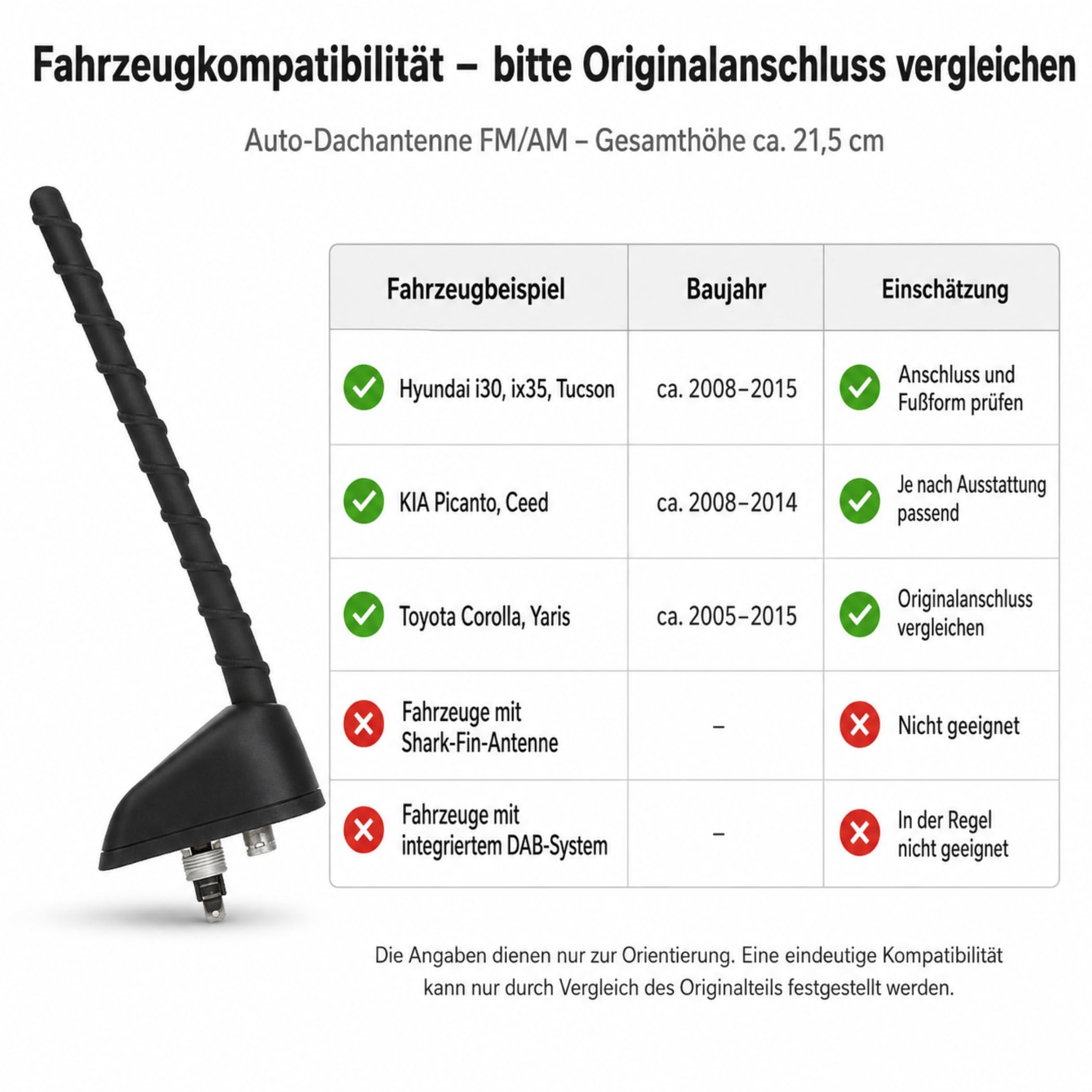 R15CS Stabantenne – Externe Dachantenne für Auto, AM/FM Radio für Hyundai, Toyota, KIA – Optimale Empfangsqualität für FM Radio | Ersatzantenne für Autoradio, AM/FM Empfang, einfache Montage, passend für viele Hyundai-, Toyota- und KIA-Modelle