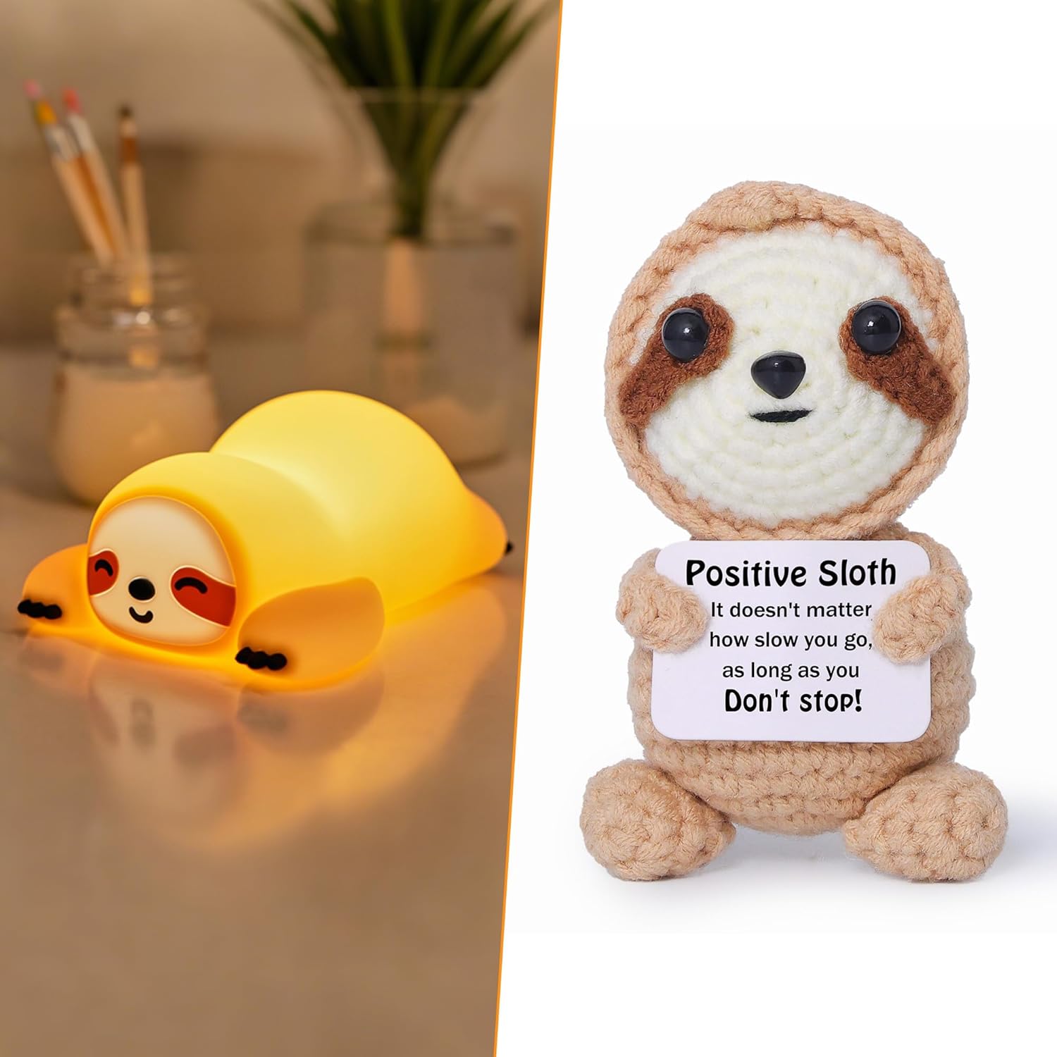 Sloth-Themed Decor, Pack of 2, Cute Dimmable Silicone Animal Nursey Sloth Night Light + Emotional Support Crochet Positive Sloth Doll with Positive Affirmation Card, Gifts for Women Friends