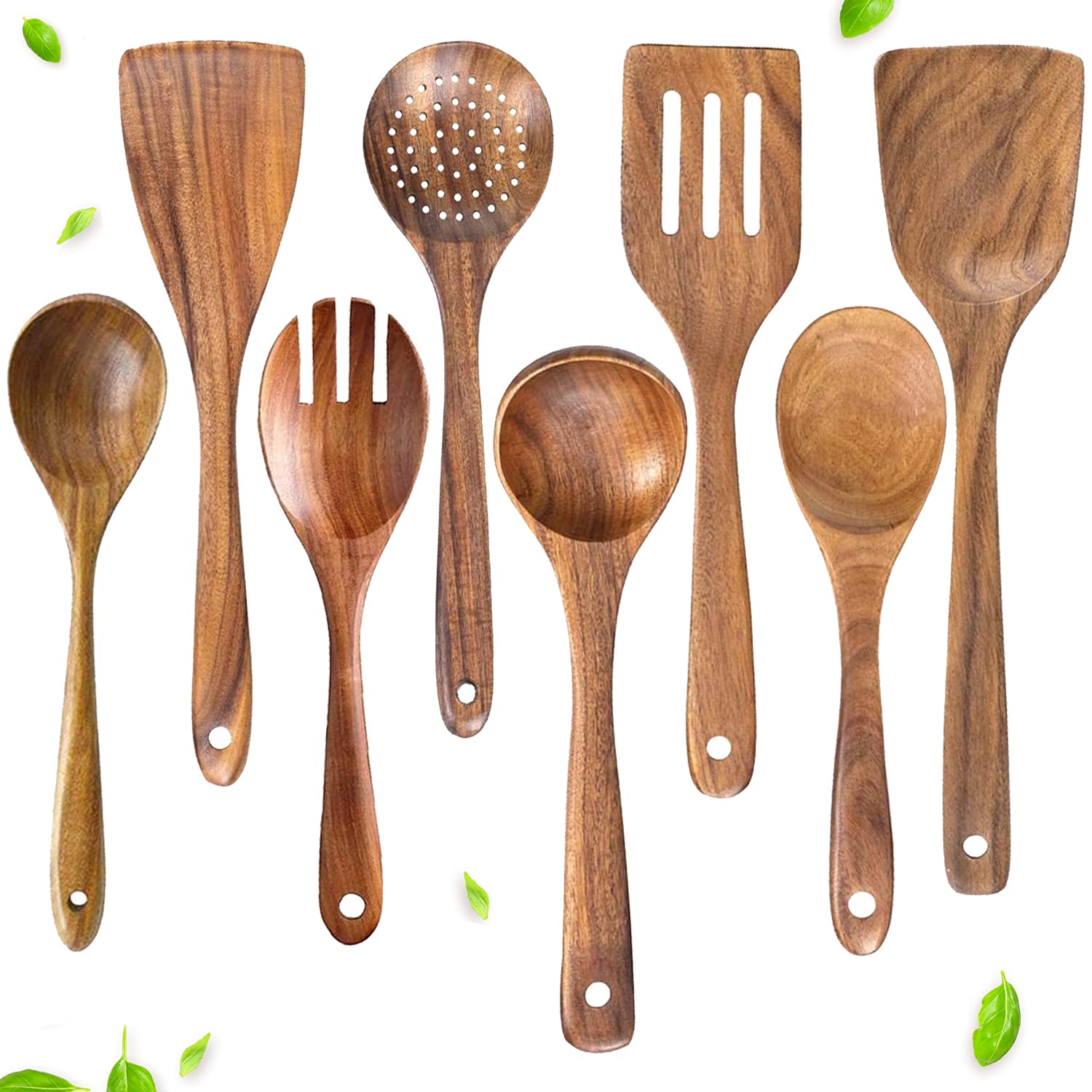 .N Brown Wooden Spoons For Cooking Utensils Set By Hxco, Nonstick Teak Cooking Utensils Set, Kitchen Tools For Nonstick Cookware And Wok (8 Piece Set)